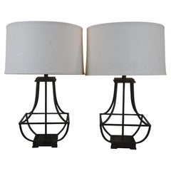 2 Retro Deerfield Modern Iron Crackle Finish Open Cage Lamps