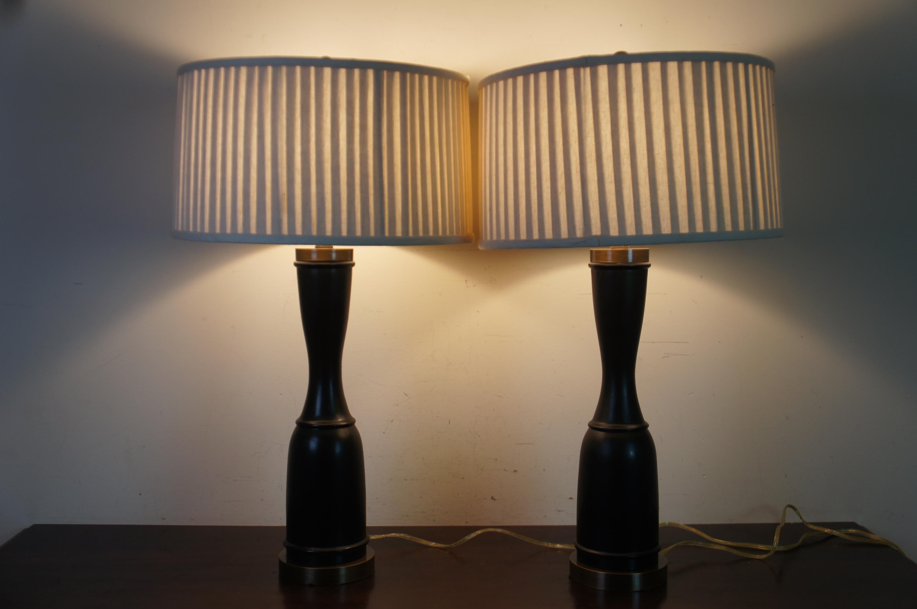 2 Vintage Ebonized Wood & Brass Designer Trophy Table Lamps Pair 1