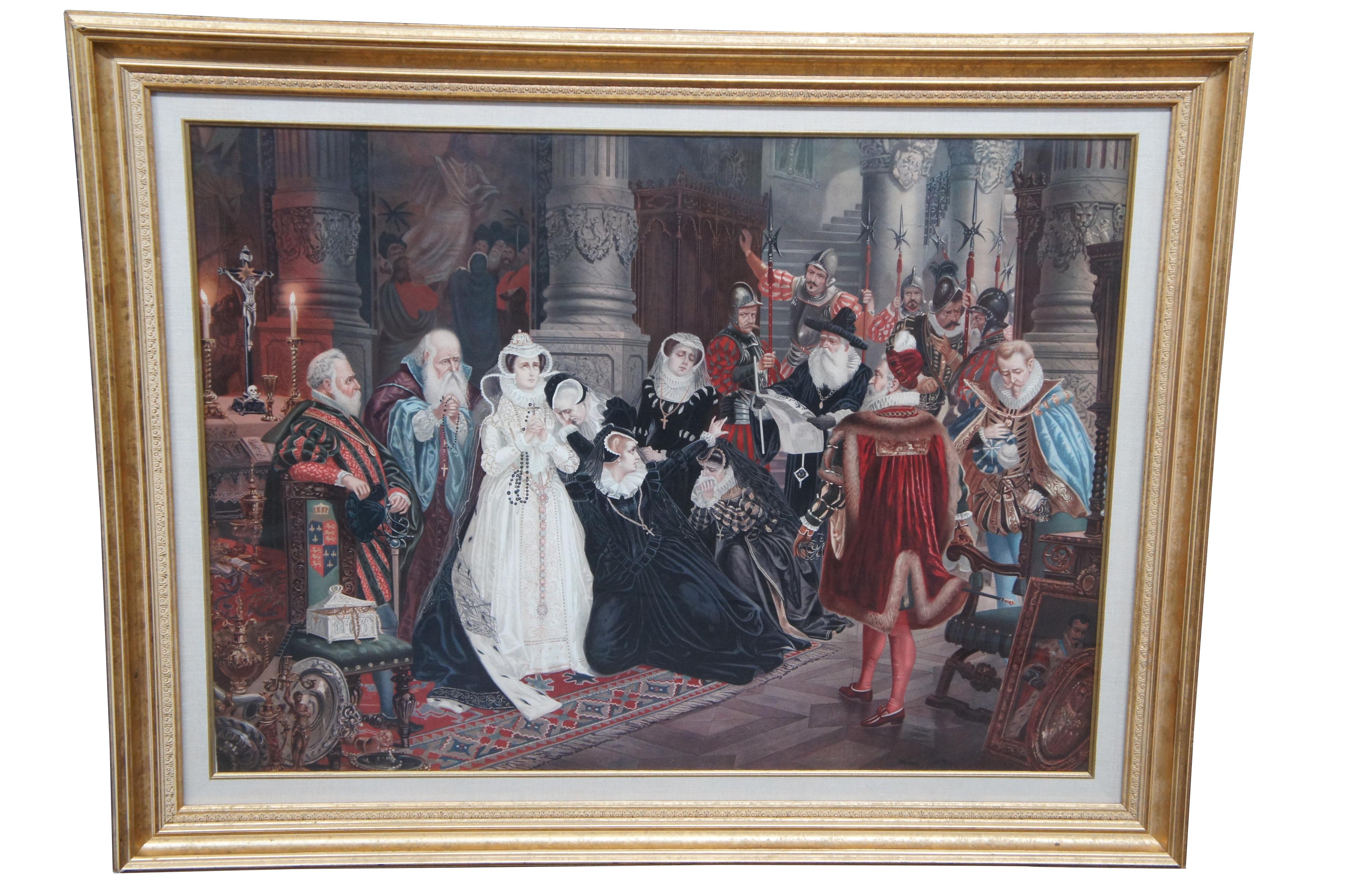 Two vintage Elizabethan court scene prints.  One features Queen Elizabeth banishing a pheasant, while the other features praying clergy and weeping women.  The elaborate attire and decor of the 16th century is on full display with rugs, tapestries,