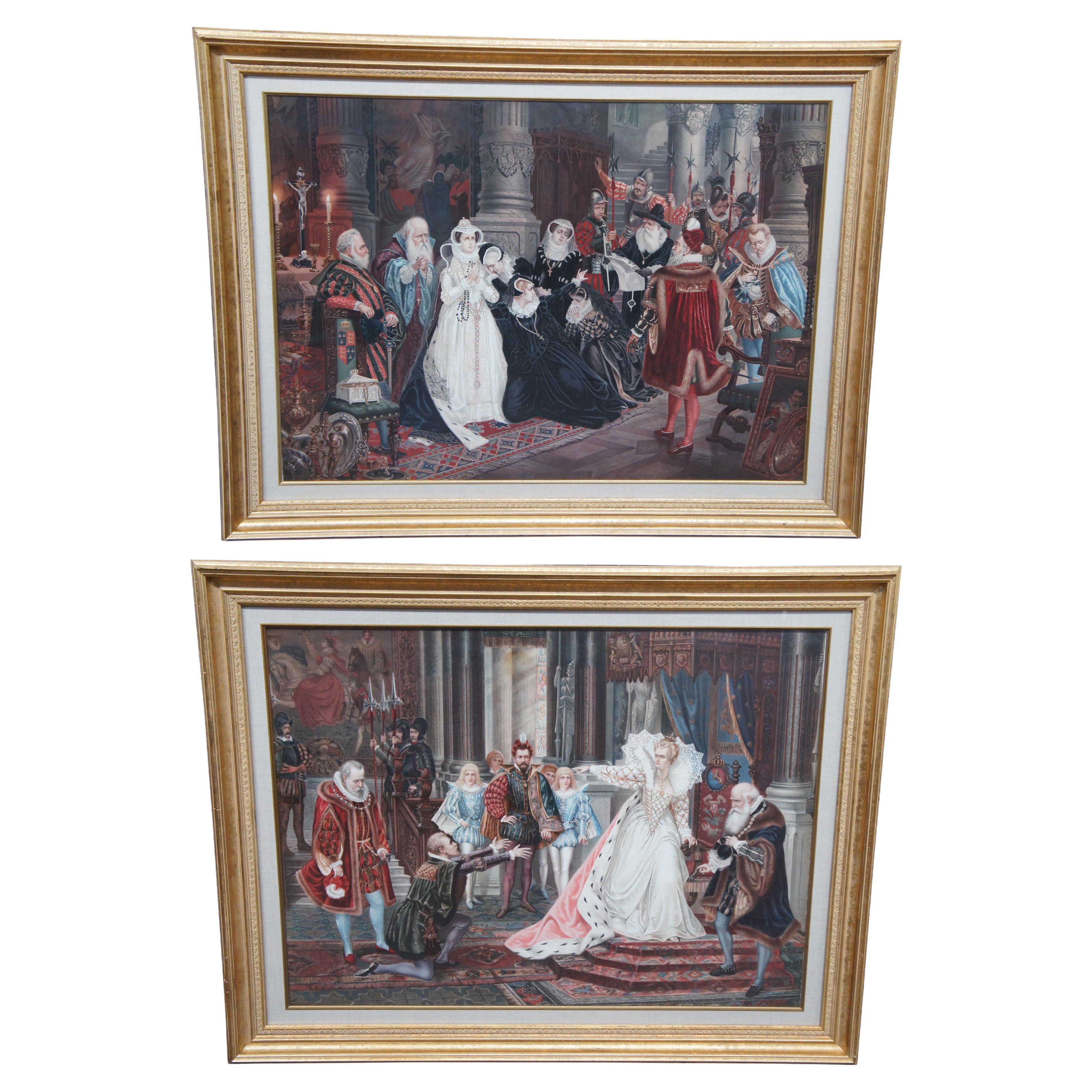 2 Vintage Elizabethan 16th Century Court Scene Framed Prints 41" For Sale