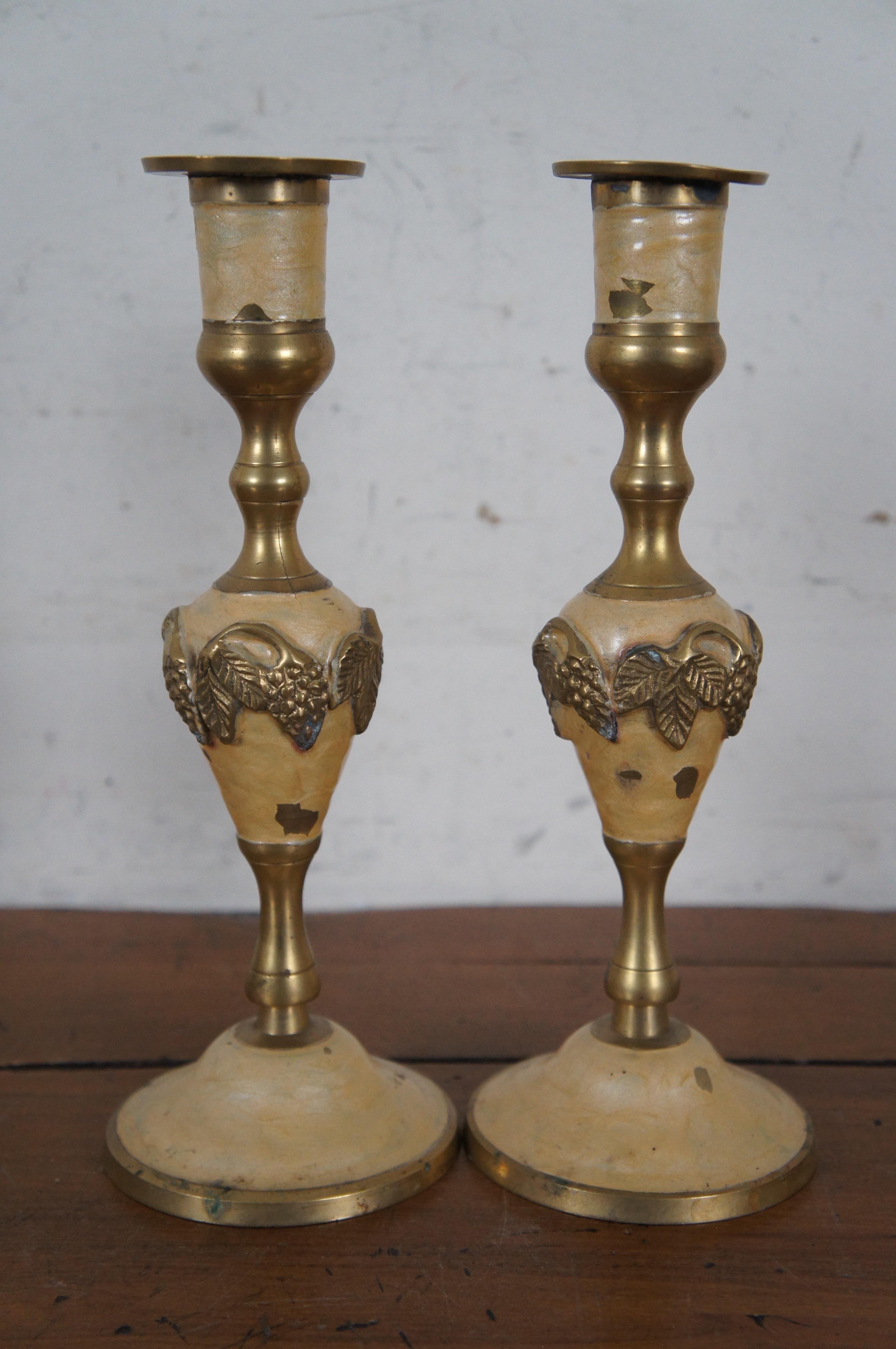 2 Vintage Enameled Brass Grapevine Candlestick Candle Holders India 10