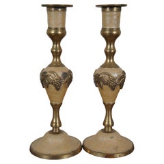 2 Vintage Enameled Brass Grapevine Candlestick Candle Holders India 10"