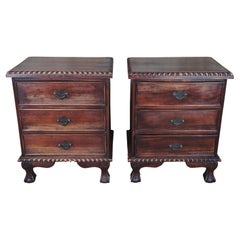 2 Vintage English Chippendale Style Mahogany 3 Drawer Bedside Table Nightstands