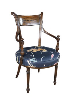 2 Vintage English Sheraton Regency Style Mahogany Inlaid Floral Silk Arm Chairs