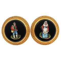 2 Vintage Etruscan Revival Gold Micro Mosaic Portrait Detailed Coat Buttons