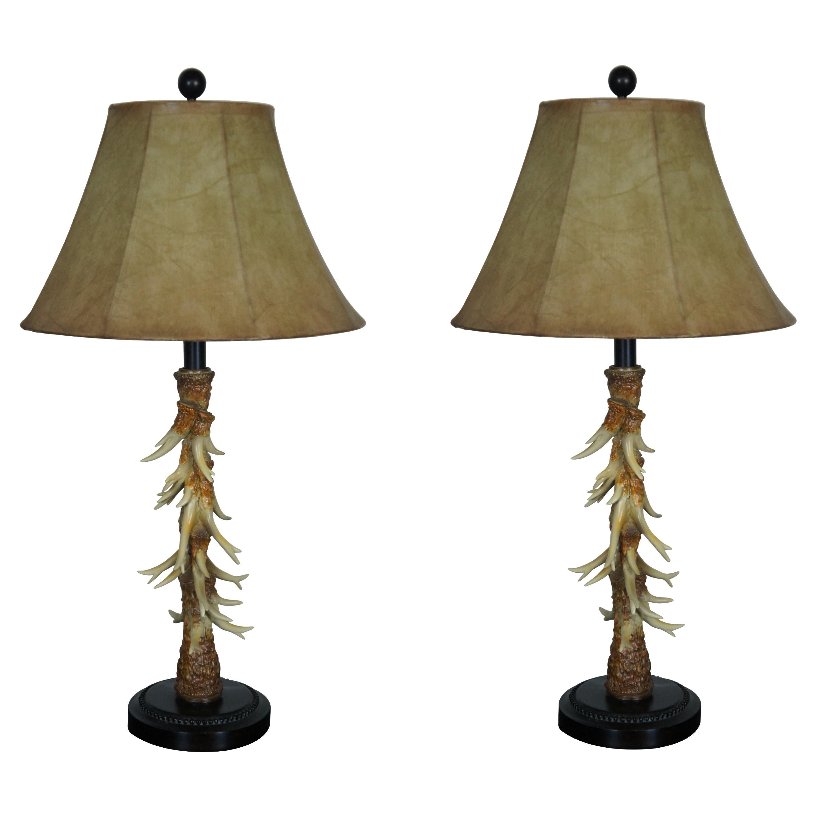 2 Vintage Faux Resin Antler Hunt Cabin Taxidermy Theme Table Lamps 29" For Sale