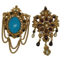 2 Antique Florenza Gold Tone Brooch Pins Rhinestone Turquoise Red Opal
