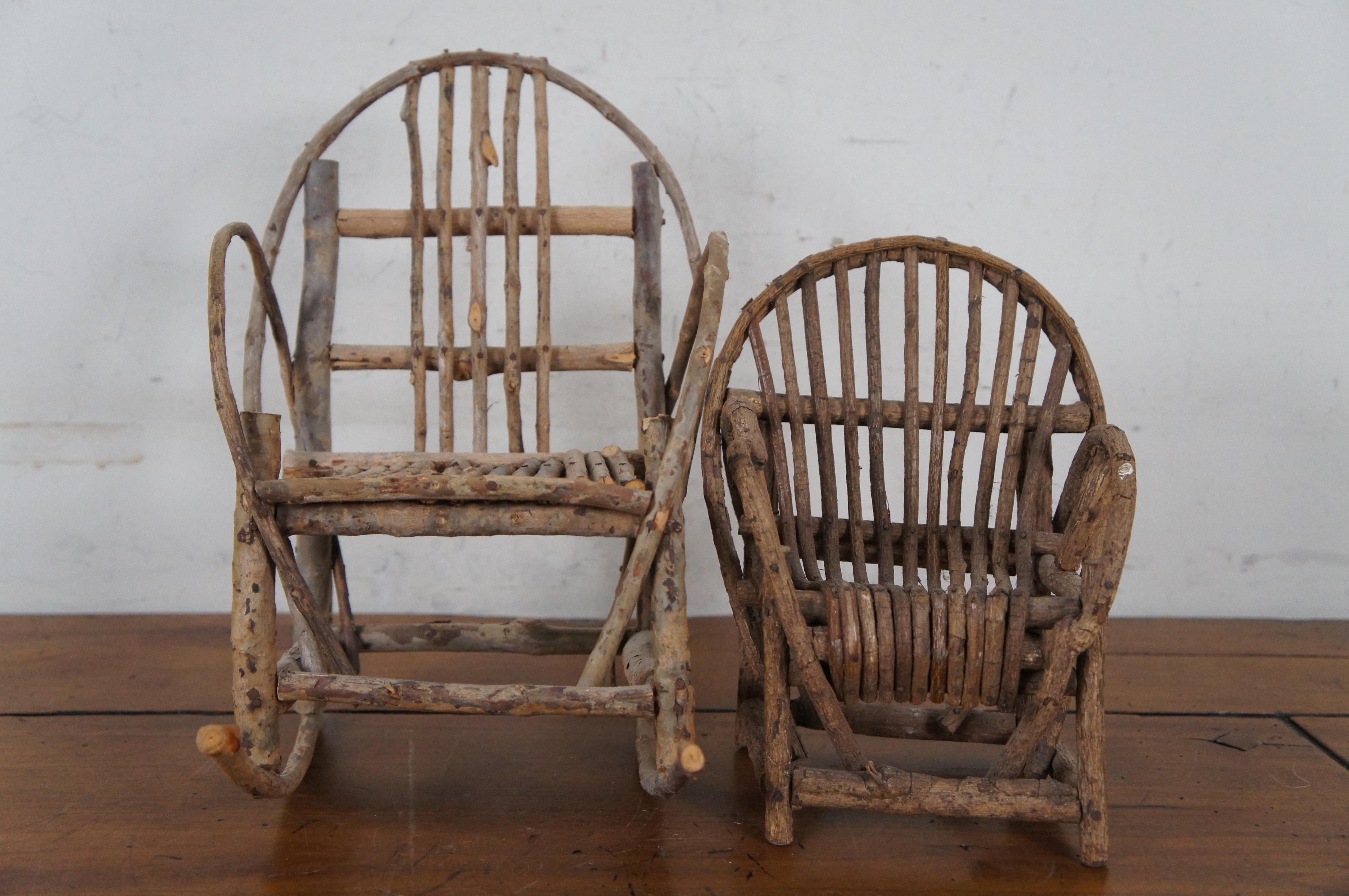 2 Vintage Folk Art Miniature Adirondak Bent Wood Rocking Doll Arm Chairs 11