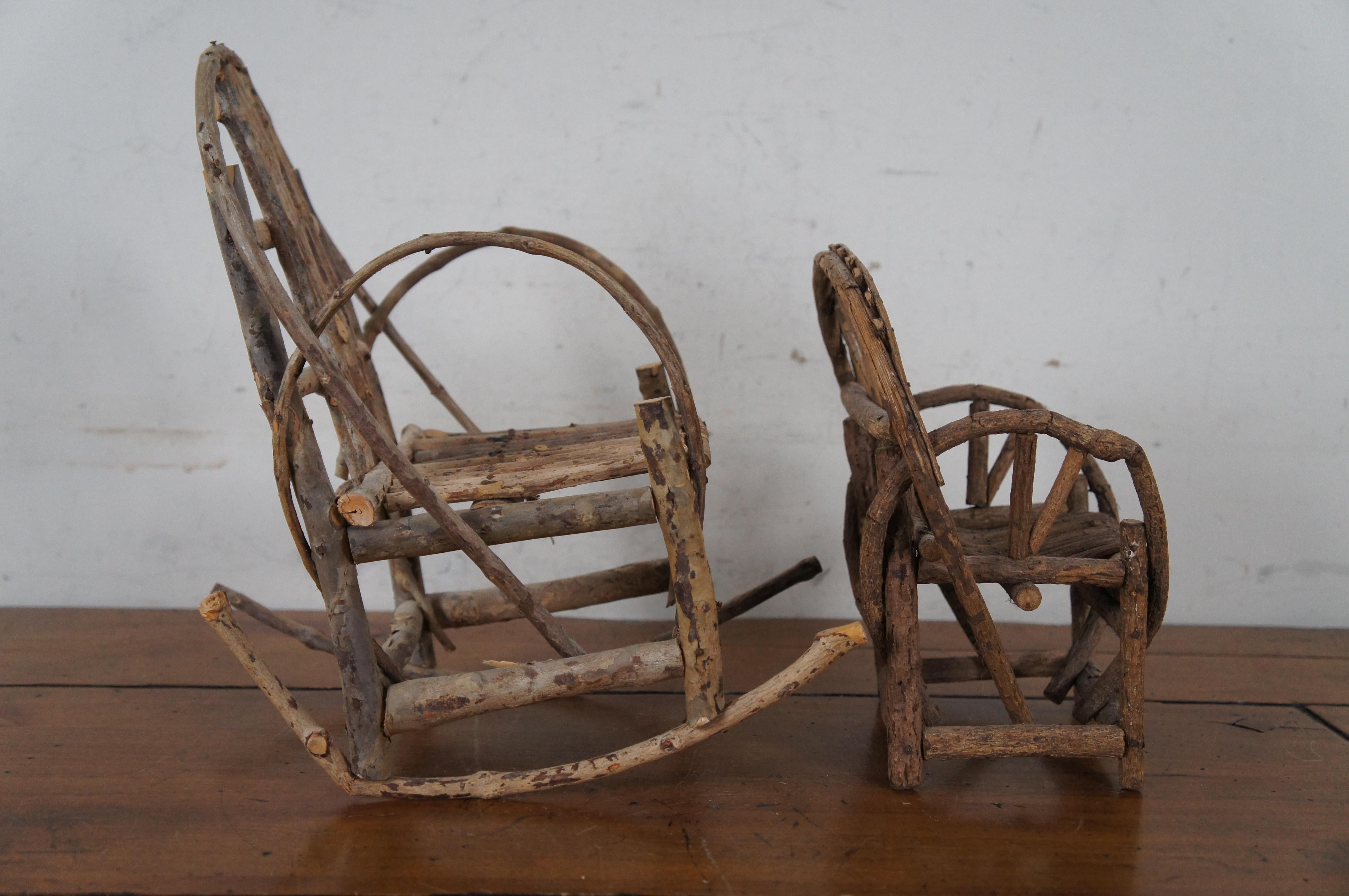 20th Century 2 Vintage Folk Art Miniature Adirondak Bent Wood Rocking Doll Arm Chairs 11