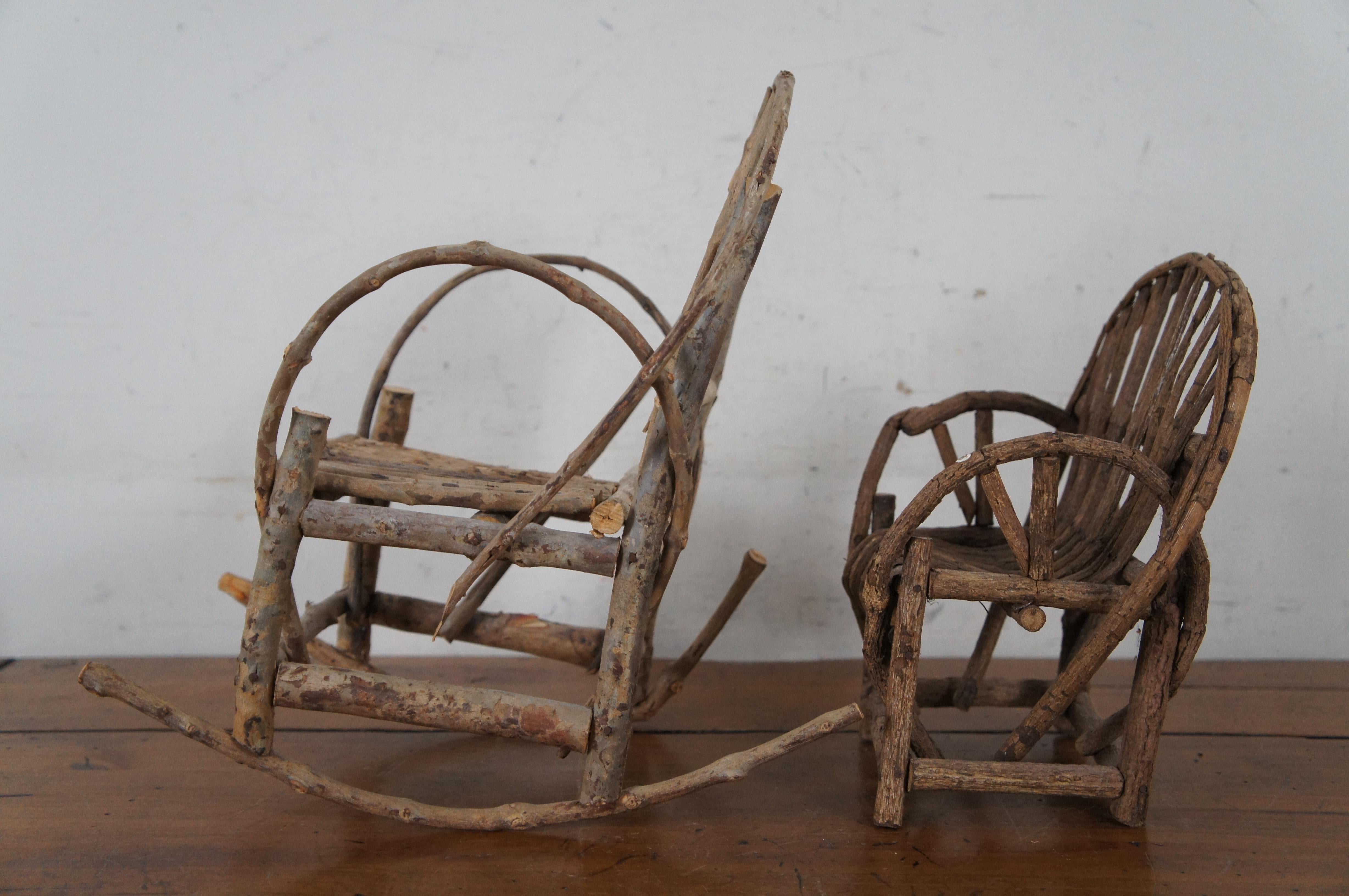 2 Vintage Folk Art Miniature Adirondak Bent Wood Rocking Doll Arm Chairs 11