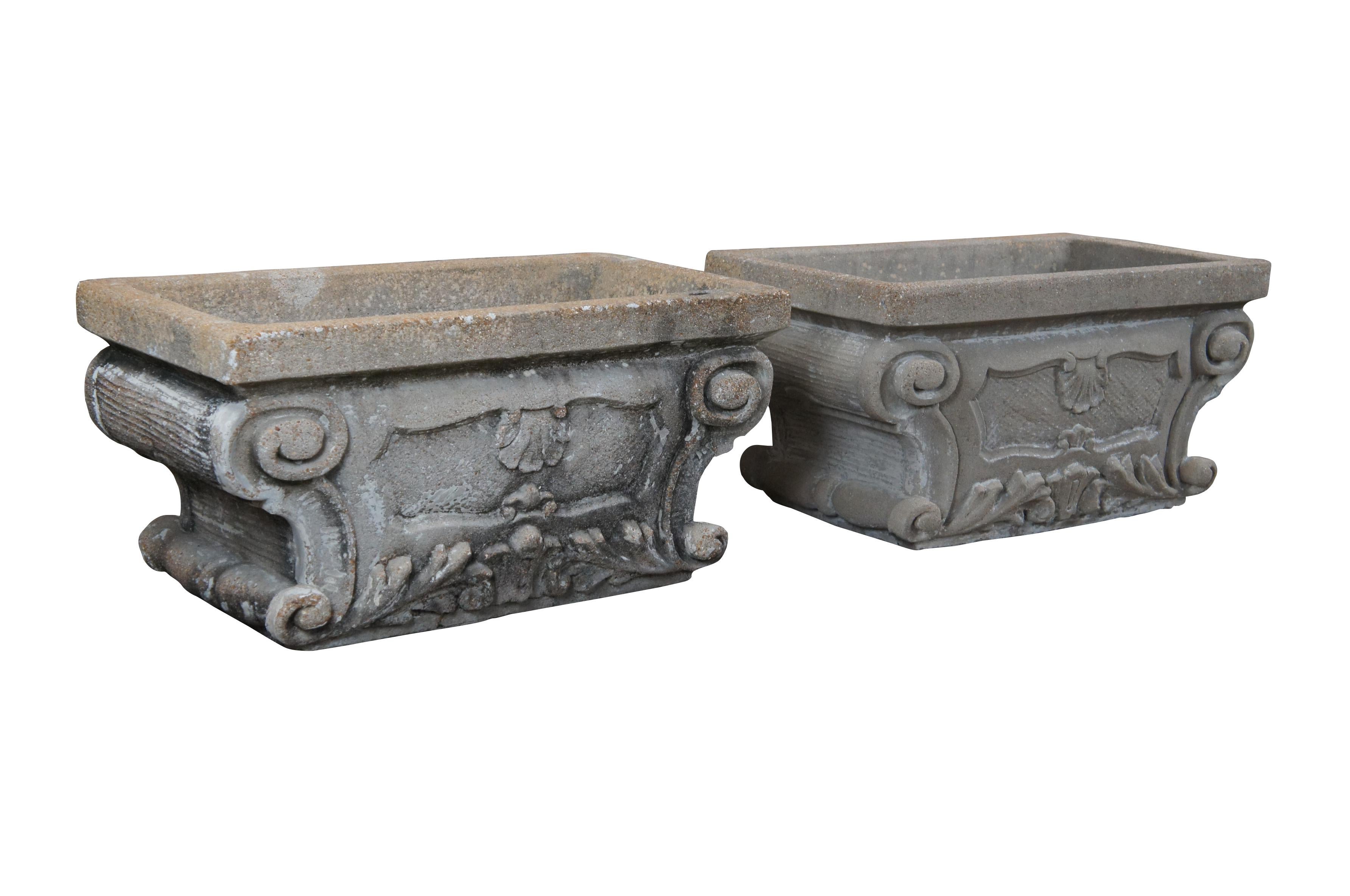 2 Vintage French Baroque Ornamental Concrete Stone Garden Flower Planters In Good Condition For Sale In Dayton, OH