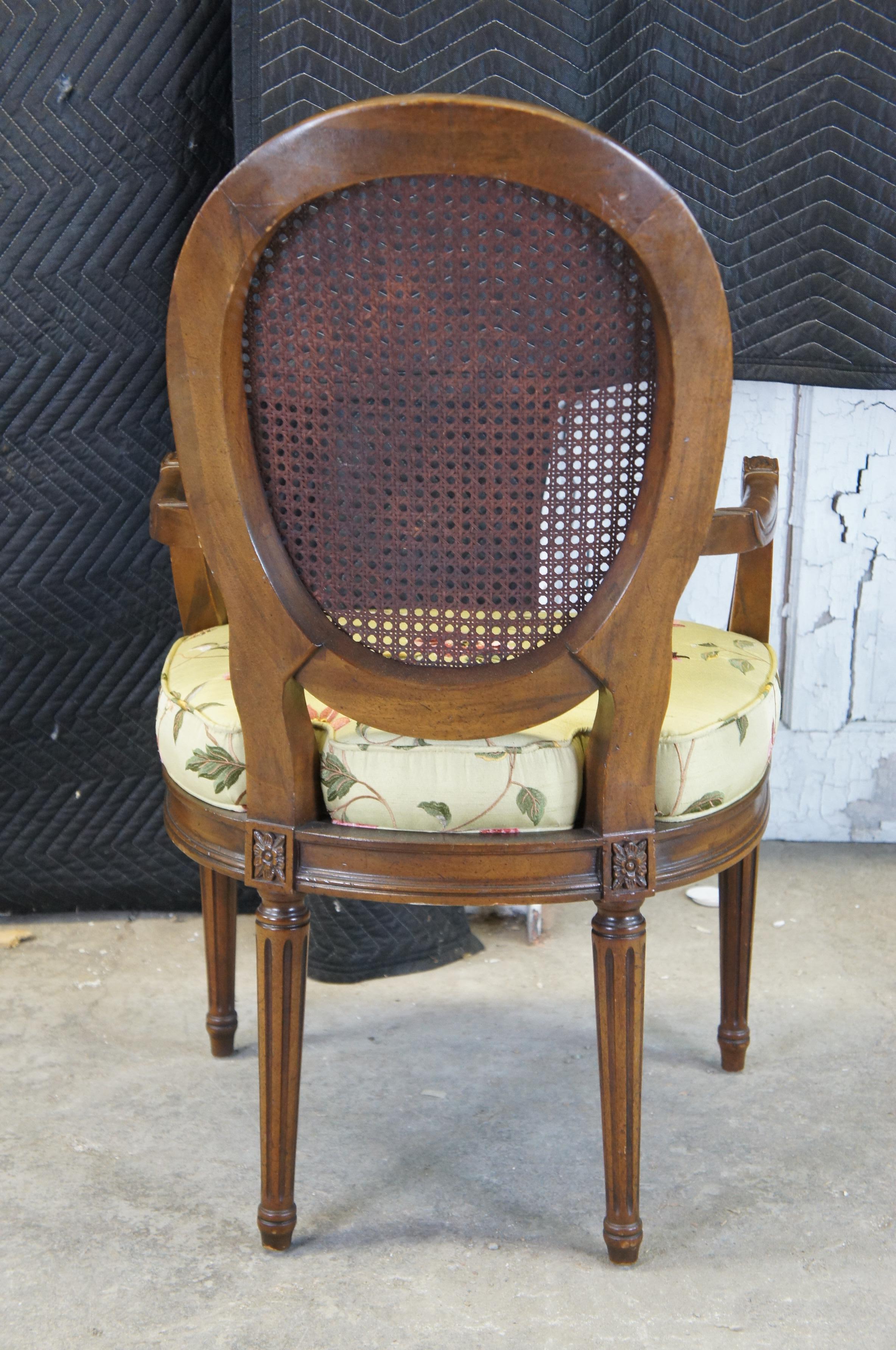 Upholstery 2 Vintage French Louis XVI Caned Walnut Open Arm Oval Balloon Back Arm Chairs