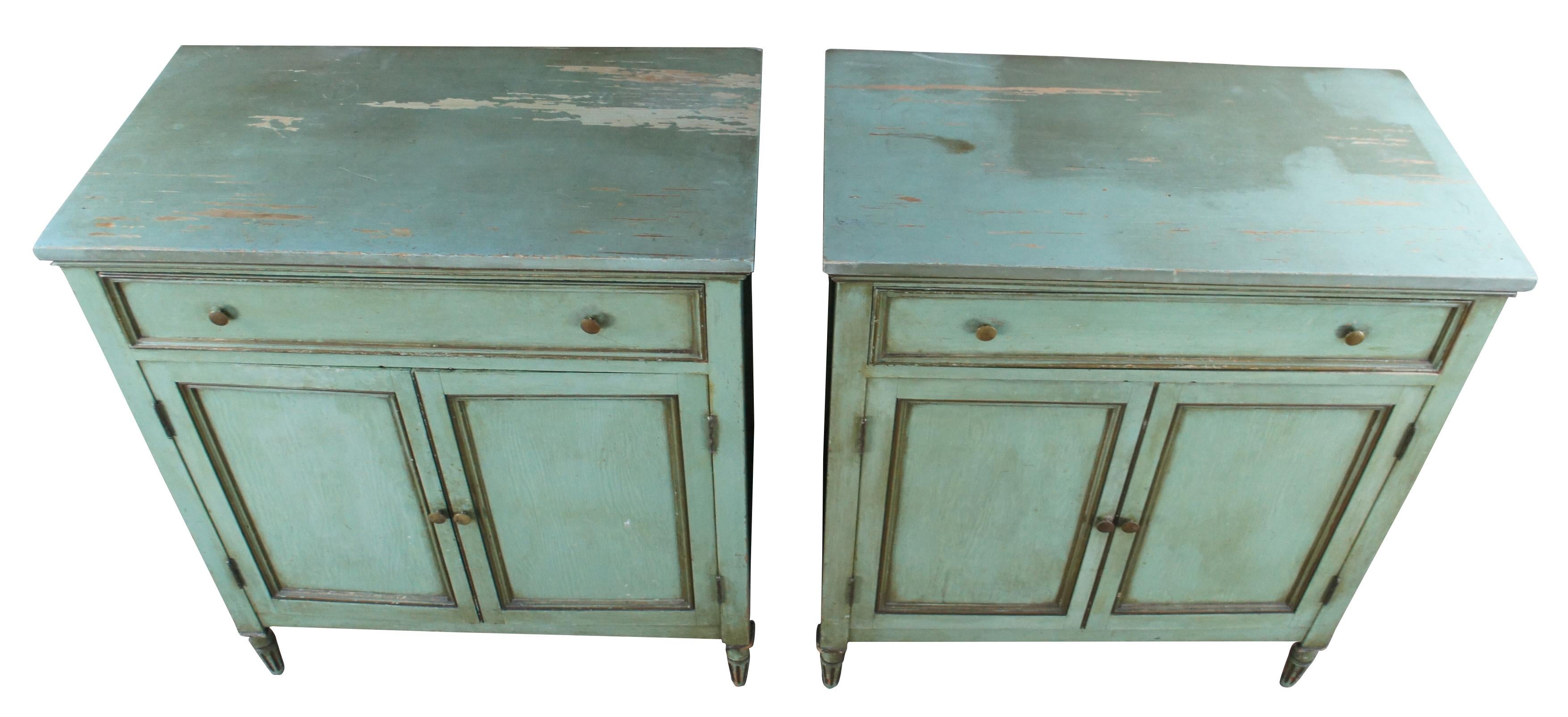 2 Vintage French Louis XVI Green Country Farmhouse Pine Cabinets Chests Dressers In Good Condition In Dayton, OH
