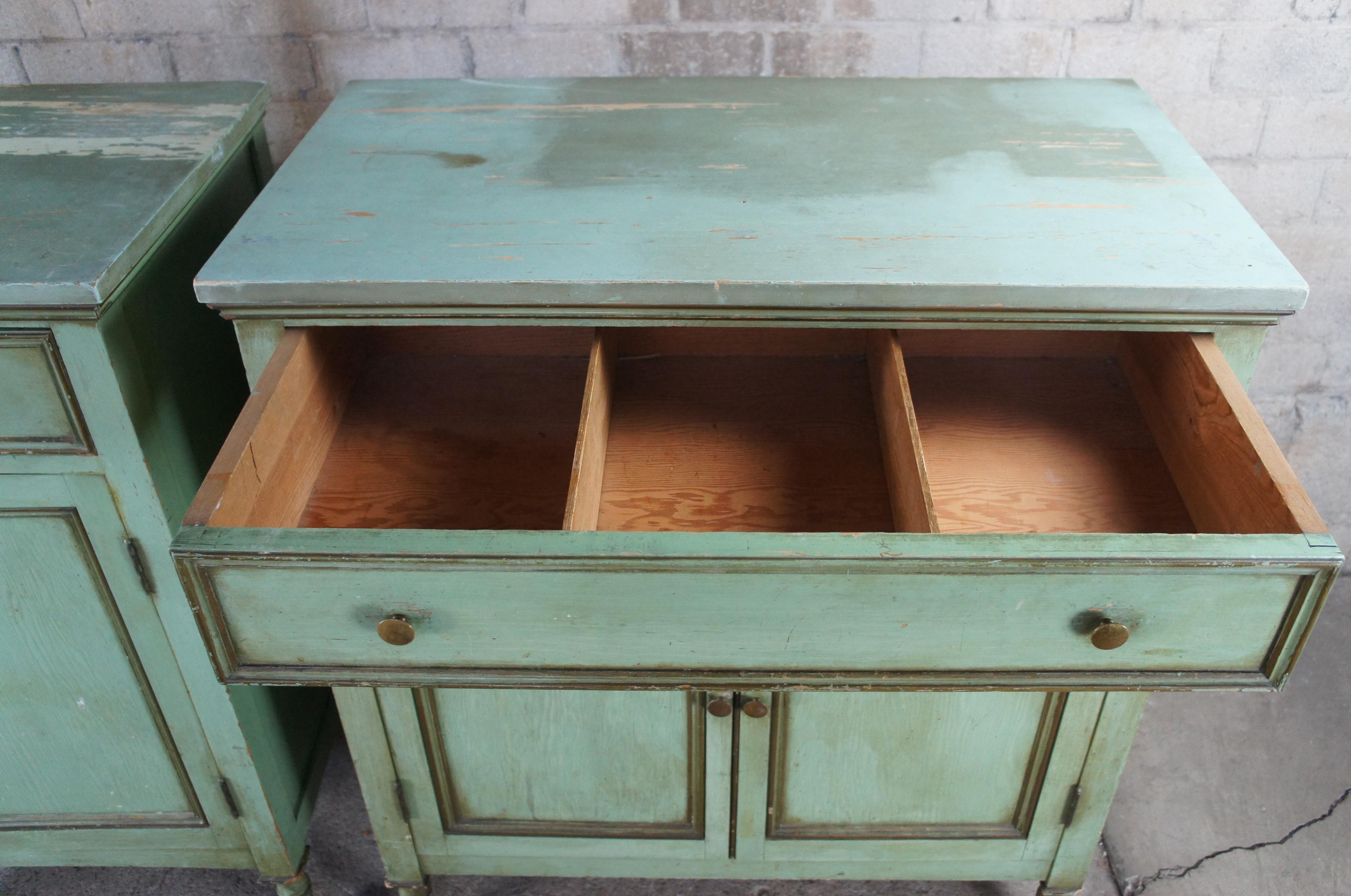 20th Century 2 Vintage French Louis XVI Green Country Farmhouse Pine Cabinets Chests Dressers