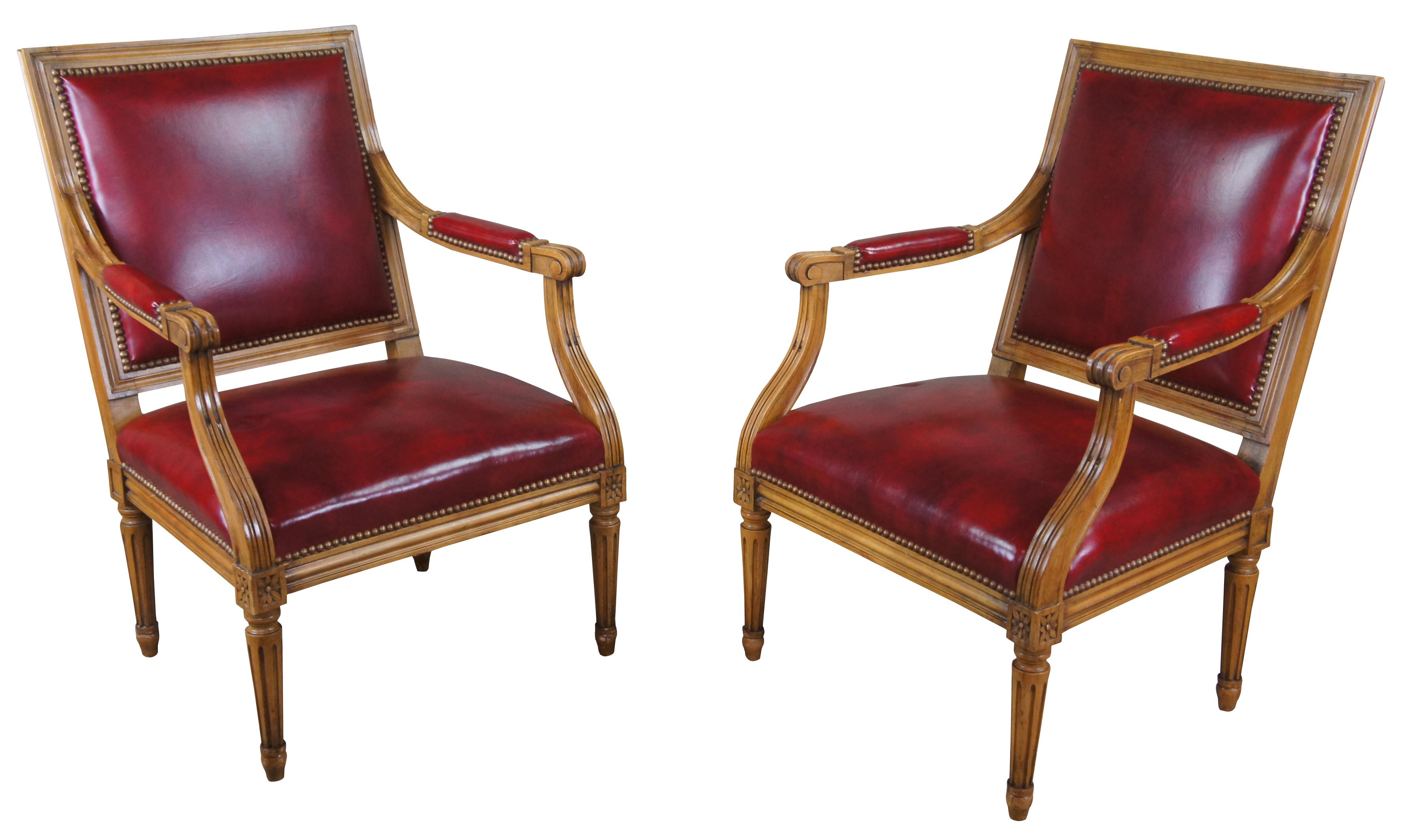 2 Vintage French Louis XVI Walnut & Red Leather Office Library Club Arm Chairs In Good Condition In Dayton, OH
