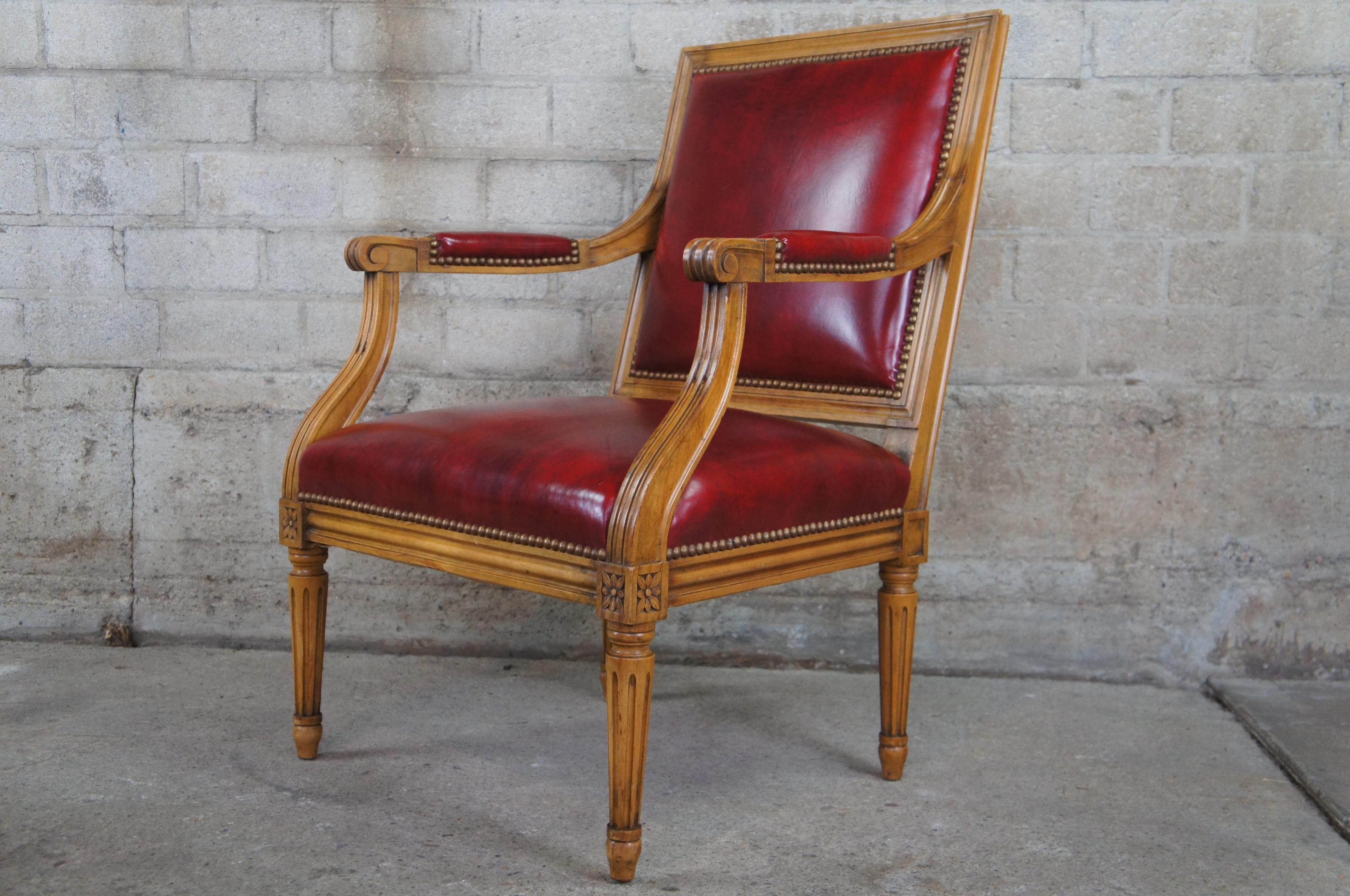 20th Century 2 Vintage French Louis XVI Walnut & Red Leather Office Library Club Arm Chairs