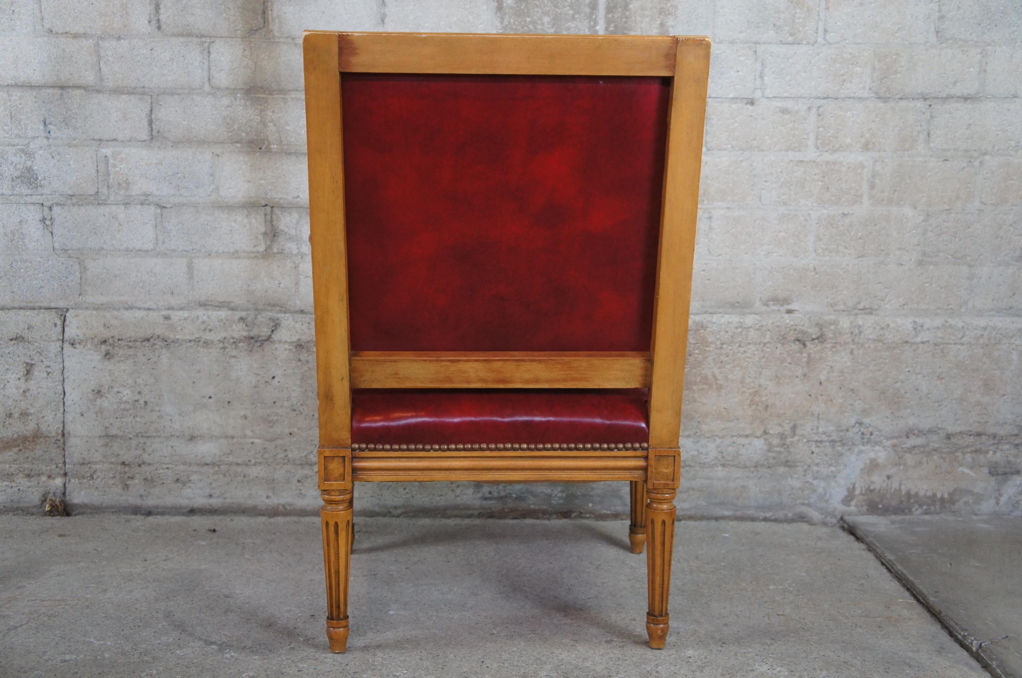 2 Vintage French Louis XVI Walnut & Red Leather Office Library Club Arm Chairs 4