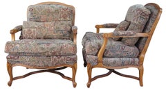2 Vintage French Provincial Fauteuil Library Club Arm Accent Chairs & Ottoman