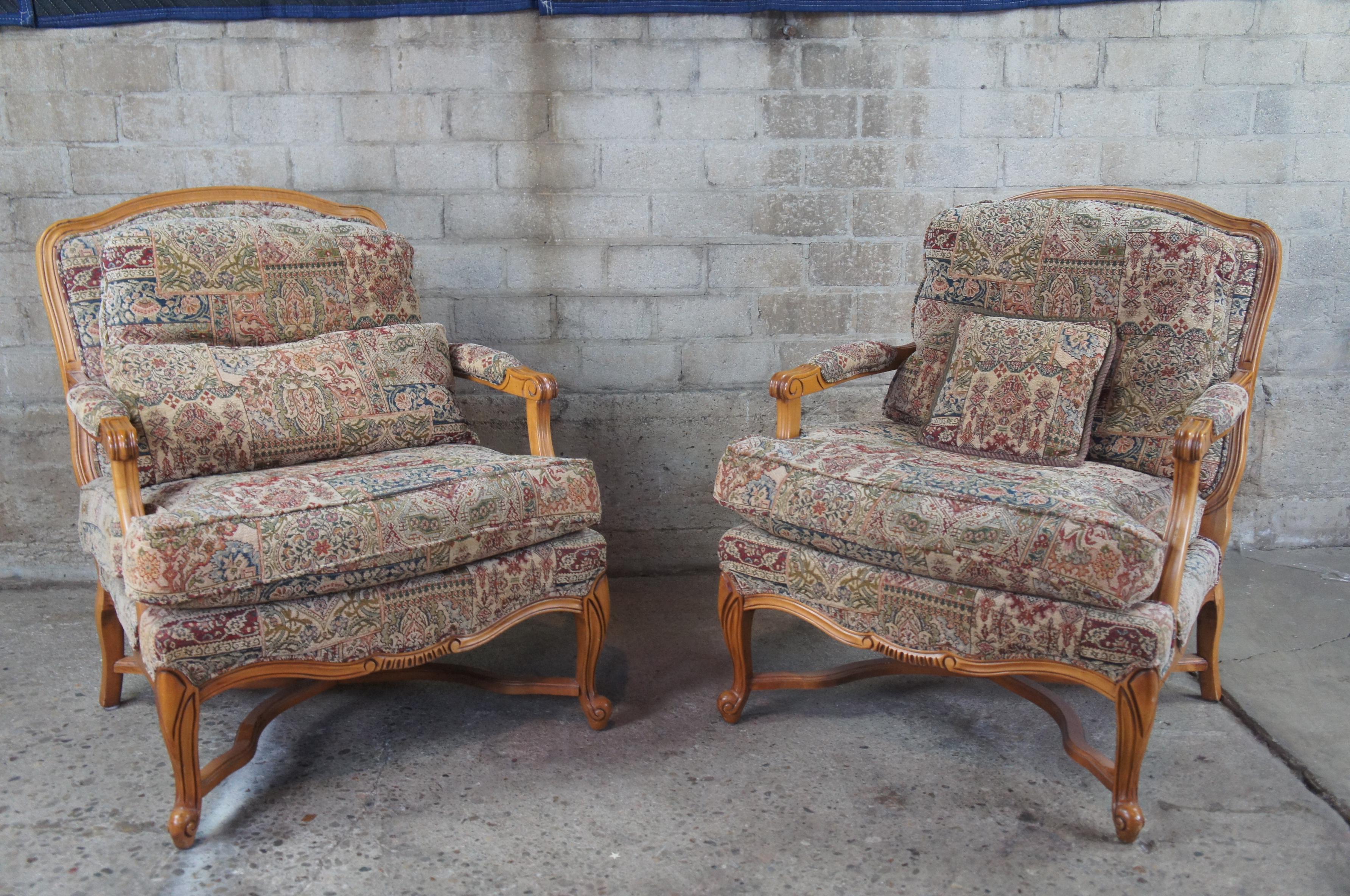 2 Vintage French Provincial Fauteuil Library Club Arm Accent Chairs & Ottoman 2
