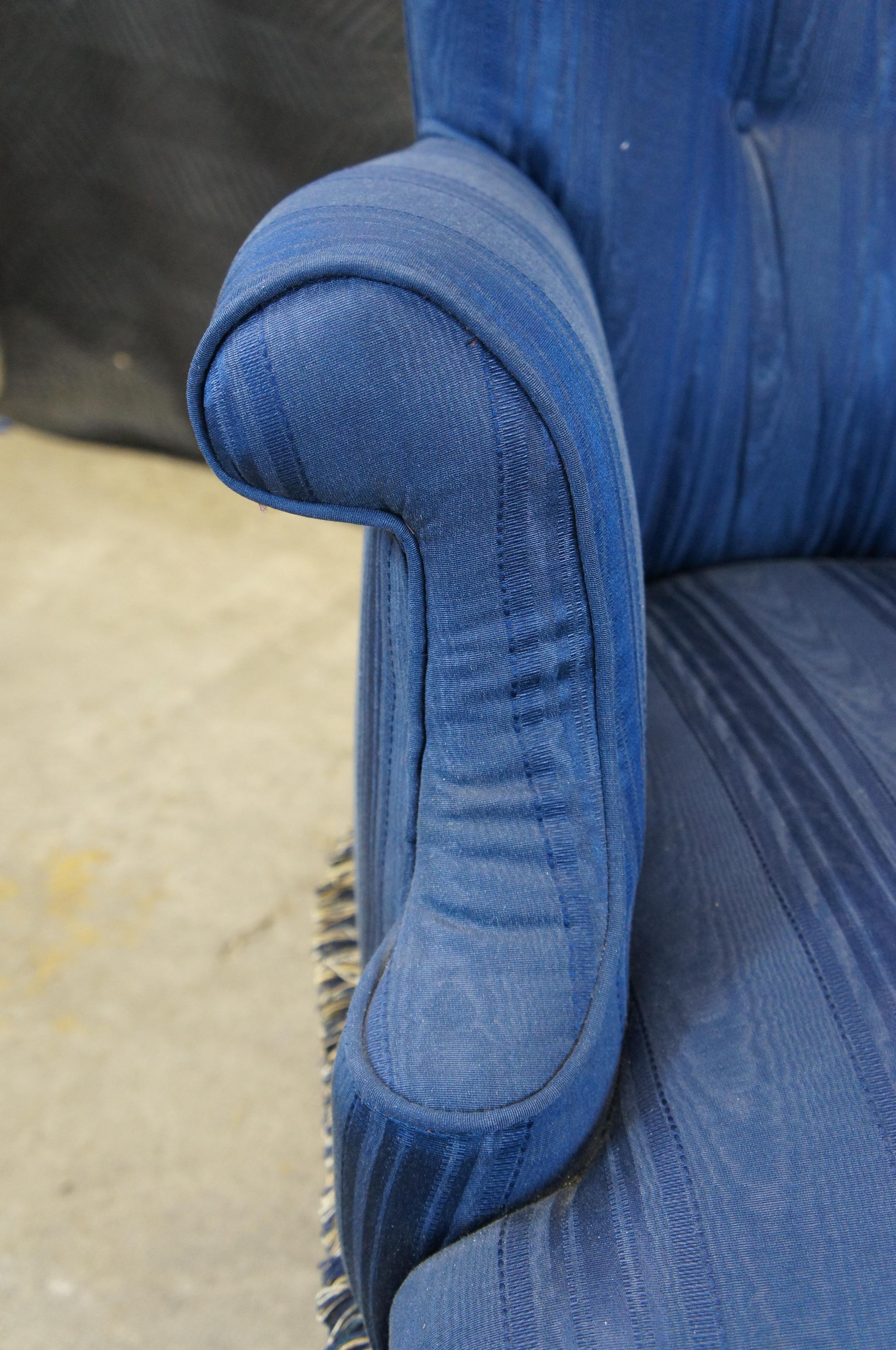 2 Vintage French Provincial Striped Blue Tufted Serpentine Wingback Arm Chair 4