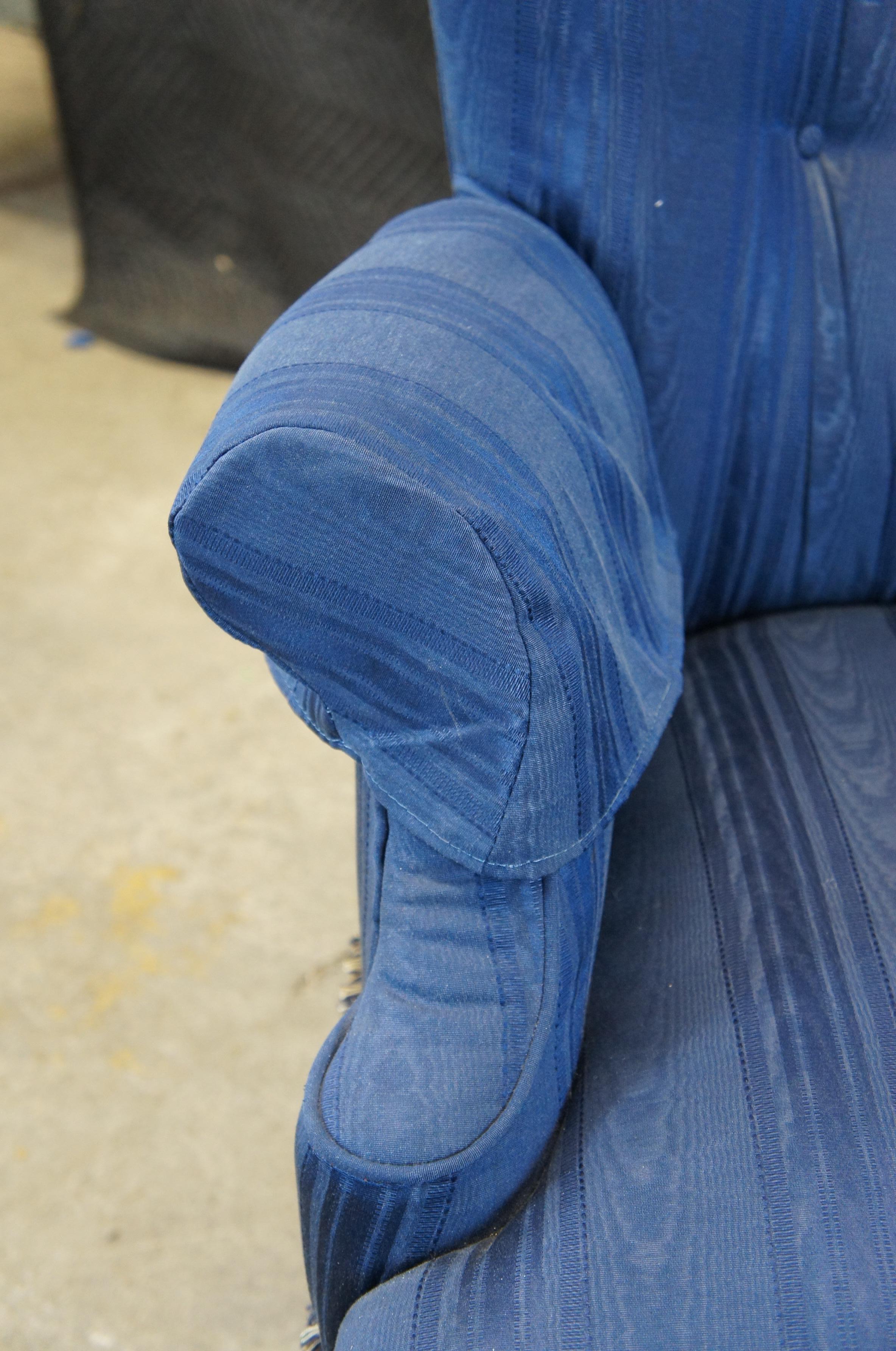 2 Vintage French Provincial Striped Blue Tufted Serpentine Wingback Arm Chair 5