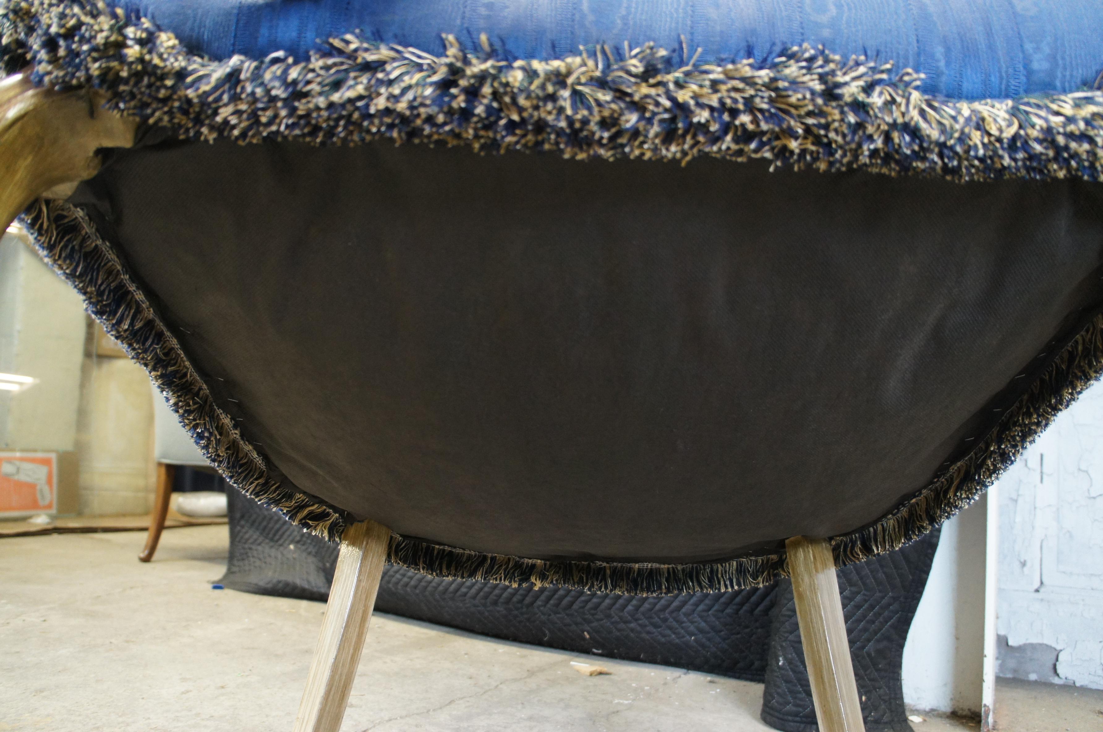 2 Vintage French Provincial Striped Blue Tufted Serpentine Wingback Arm Chair 6