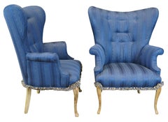2 Vintage French Provincial Striped Blue Tufted Serpentine Wingback Arm Chair