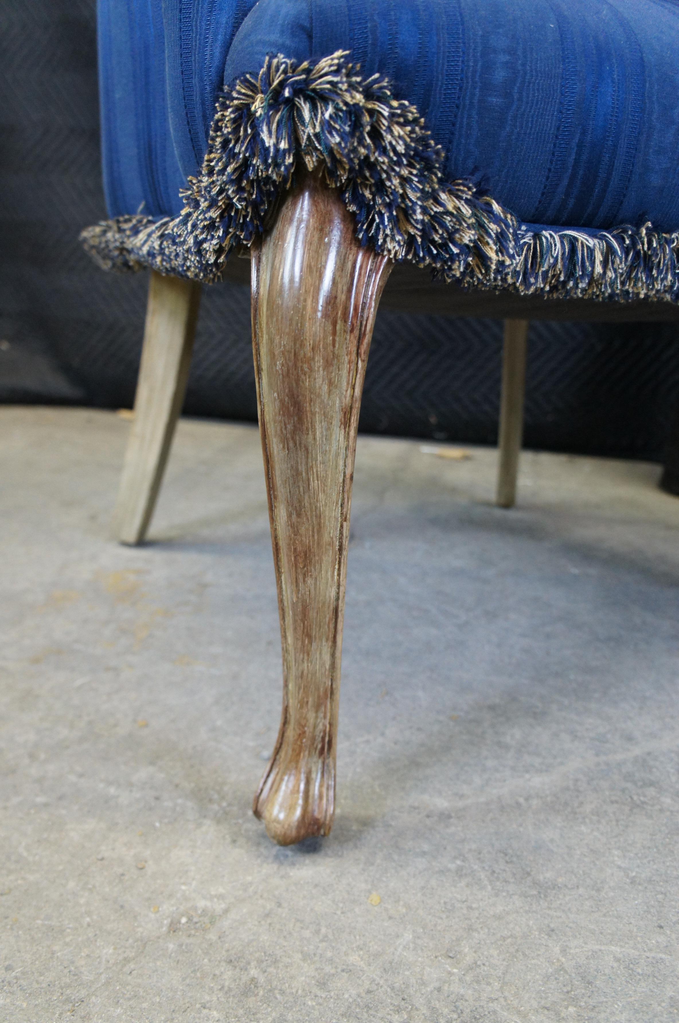 20th Century 2 Vintage French Provincial Striped Blue Tufted Serpentine Wingback Arm Chair