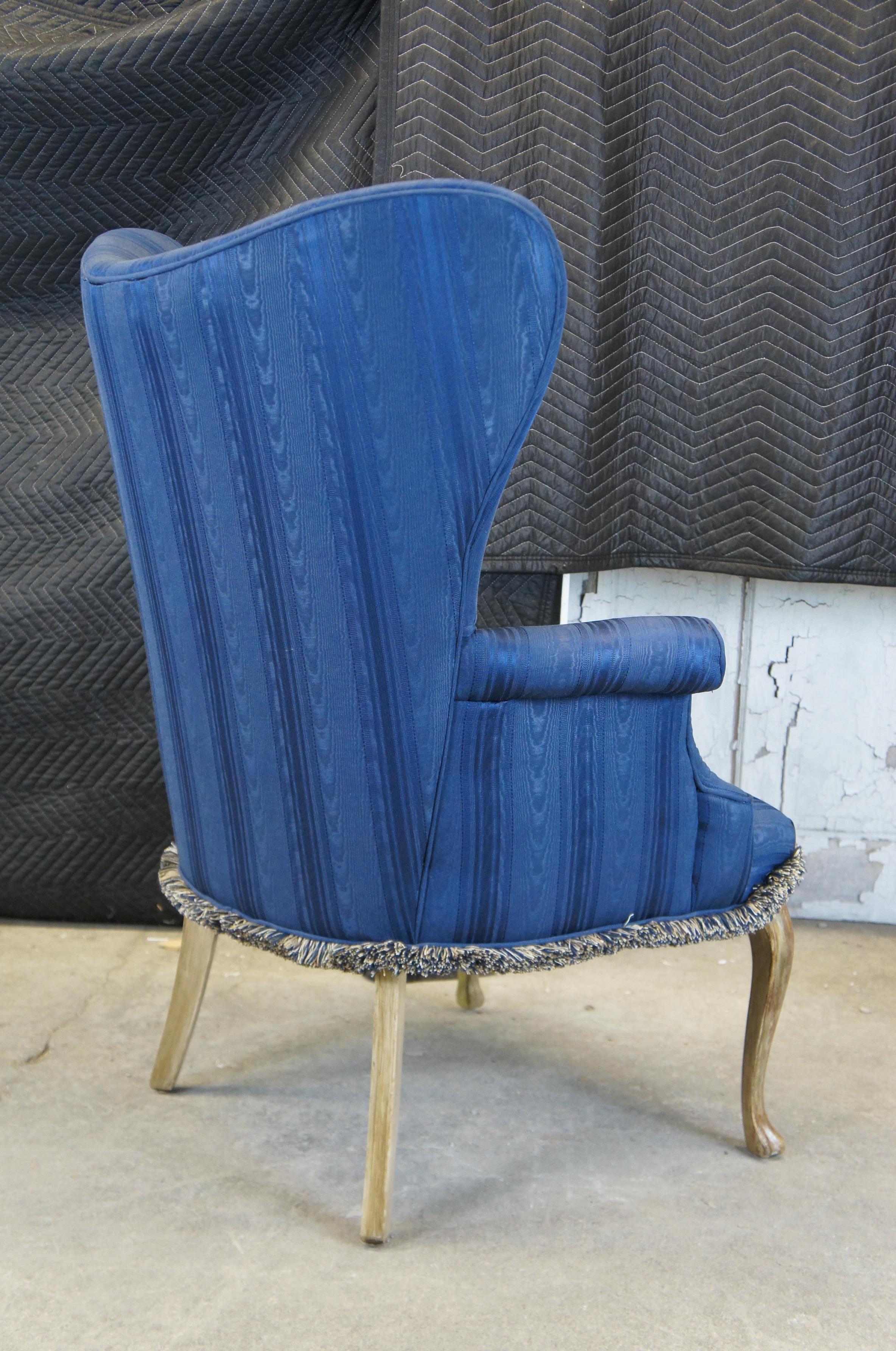 Upholstery 2 Vintage French Provincial Striped Blue Tufted Serpentine Wingback Arm Chair