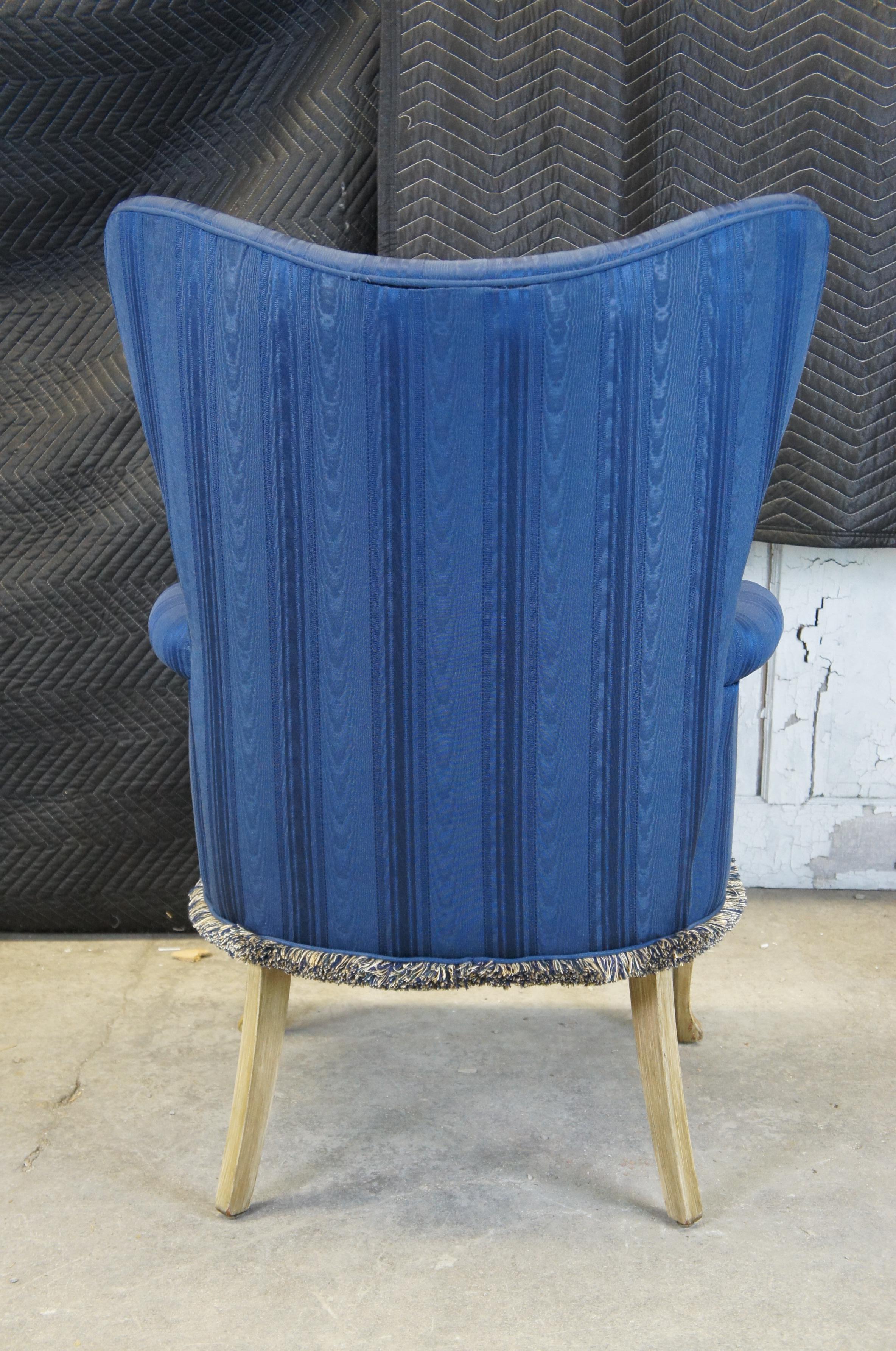 2 Vintage French Provincial Striped Blue Tufted Serpentine Wingback Arm Chair 1