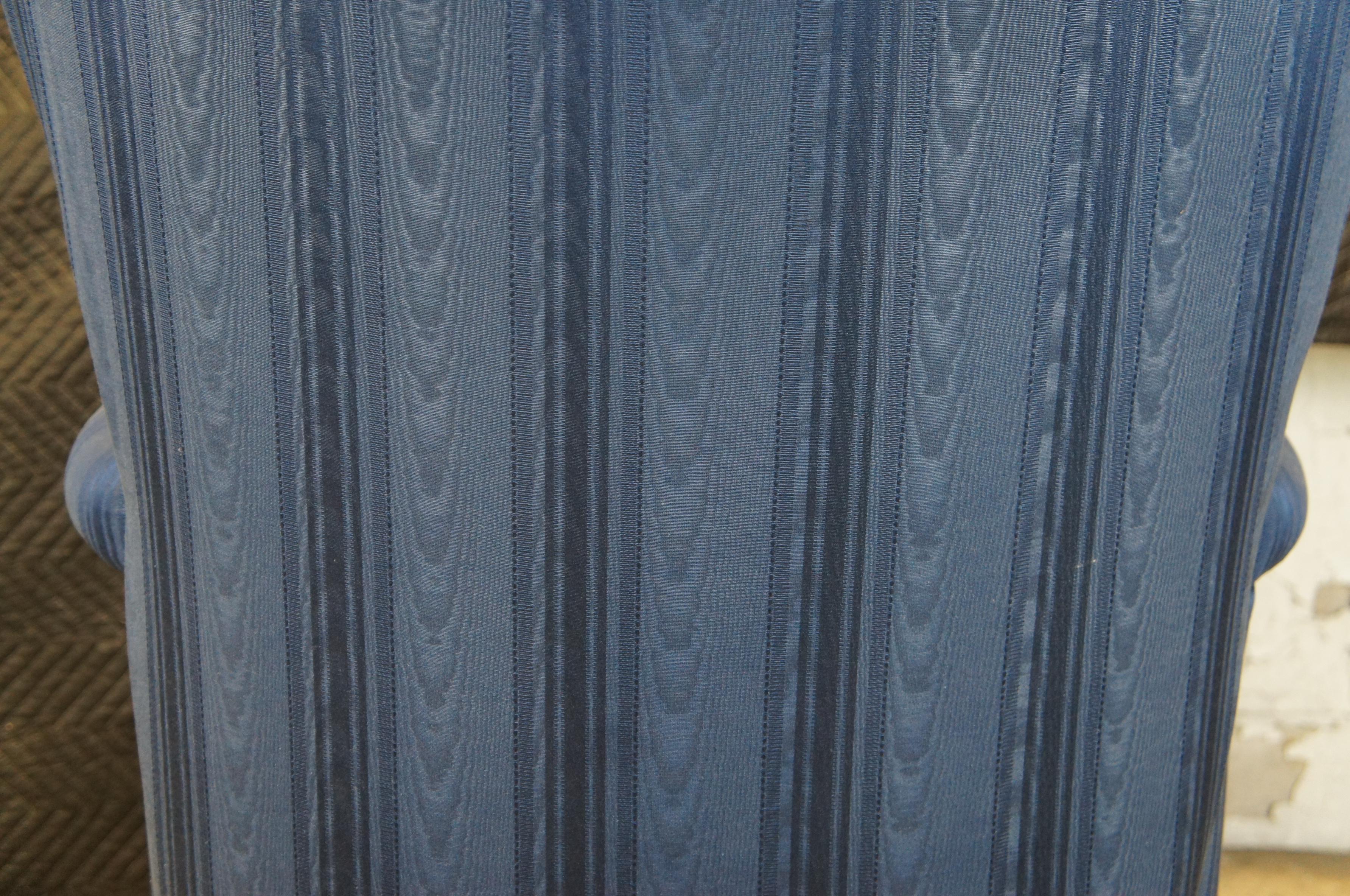 2 Vintage French Provincial Striped Blue Tufted Serpentine Wingback Arm Chair 2