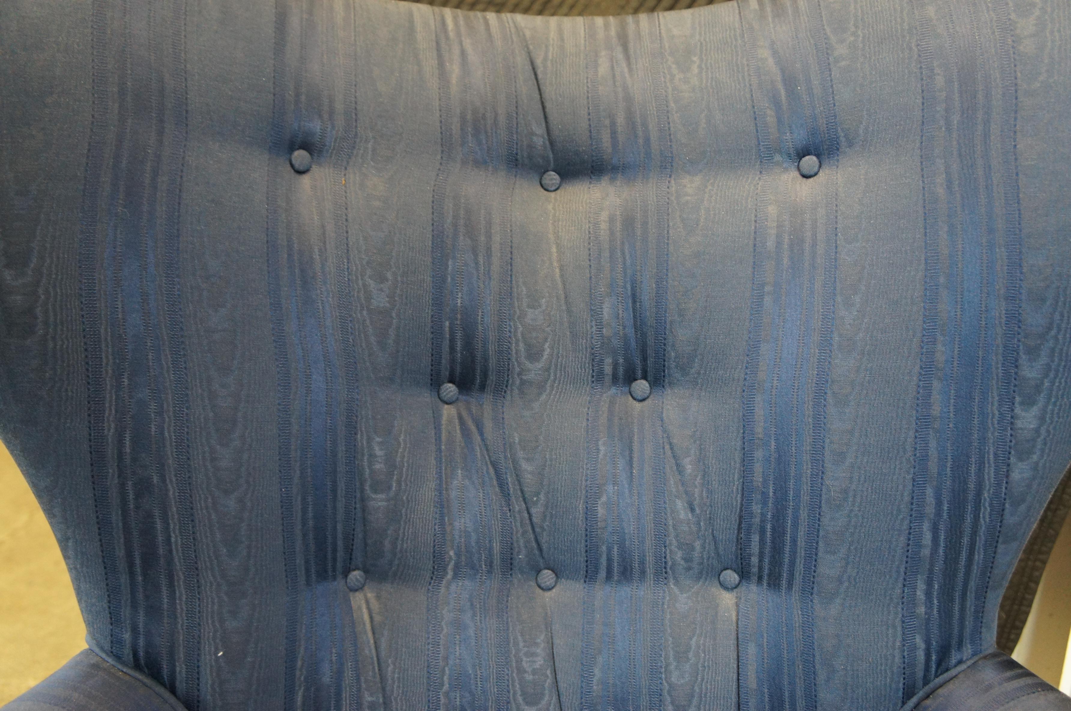 2 Vintage French Provincial Striped Blue Tufted Serpentine Wingback Arm Chair 3