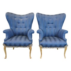 2 Vintage French Provincial Striped Blue Tufted Serpentine Wingback Arm Chair