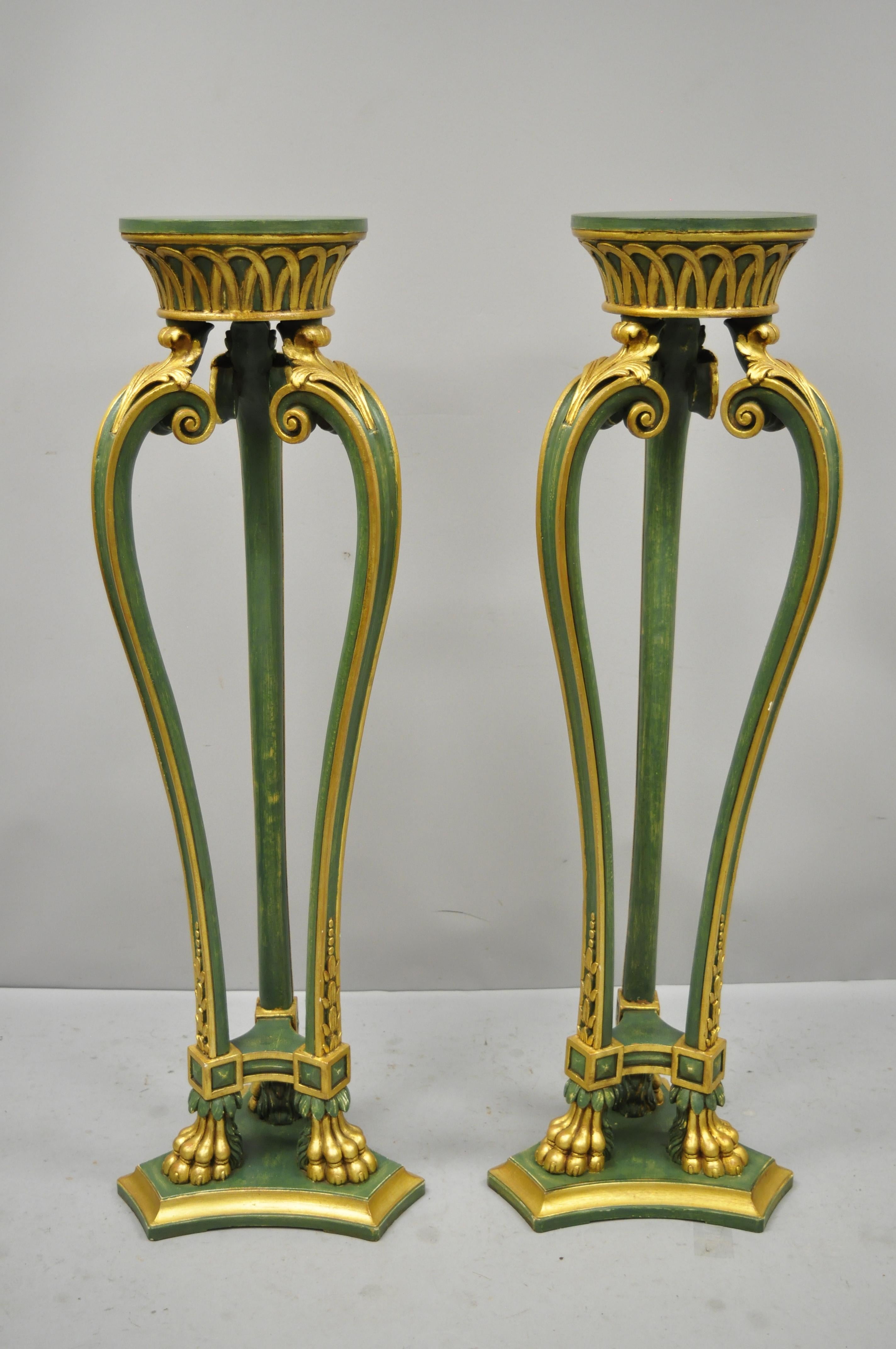 2 Vintage French Regency Neoclassical Style Green & Gold Paw Foot Italian Stands 5
