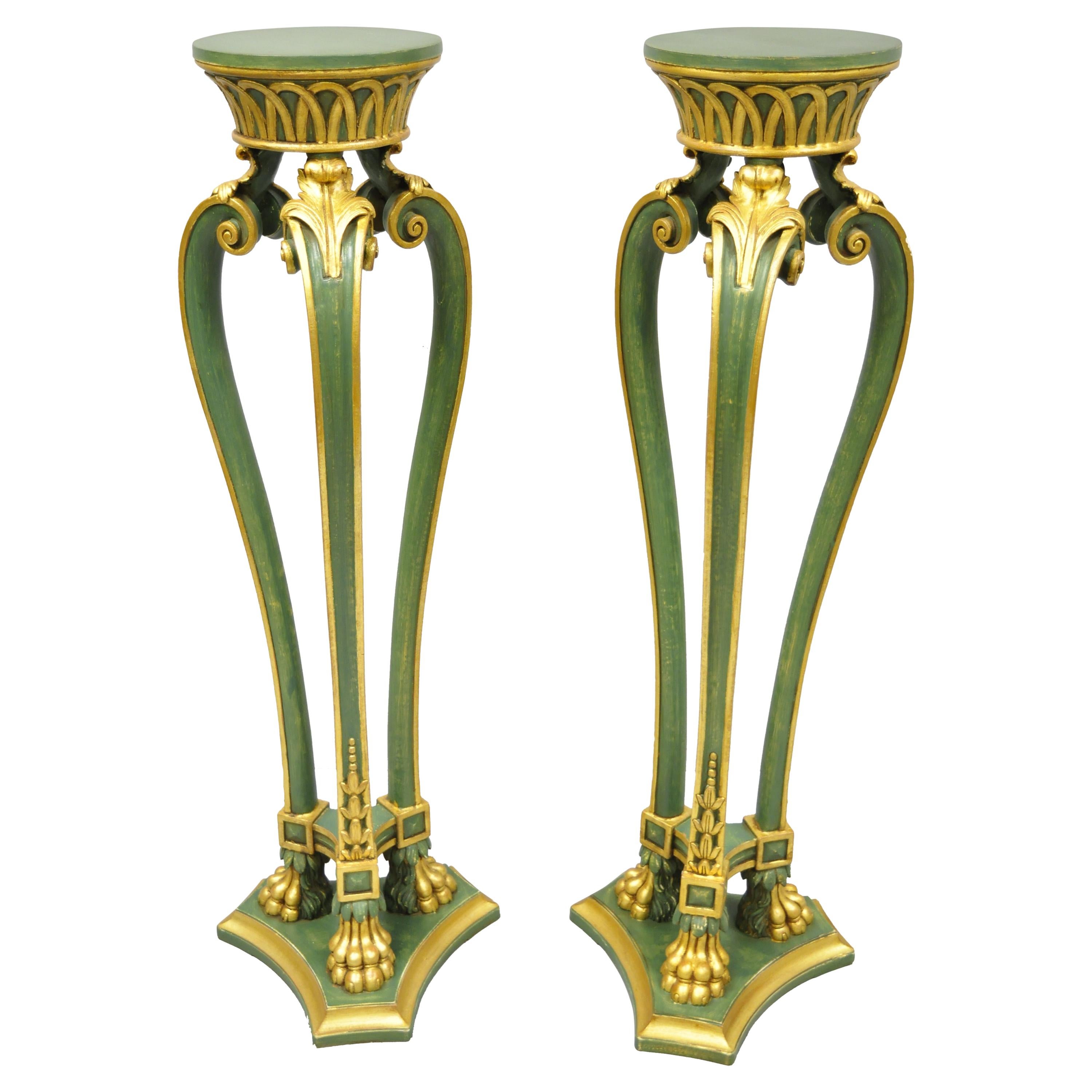 2 Vintage French Regency Neoclassical Style Green & Gold Paw Foot Italian Stands