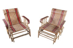 2 Vintage French Woven Bamboo Woven Rattan Coastal Chaise Lounge Chair Boho Chic