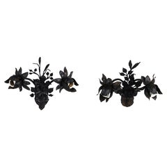 2 Vintage French Wrought Iron Floral Rose Two Light Wall Sconces Pair 13"