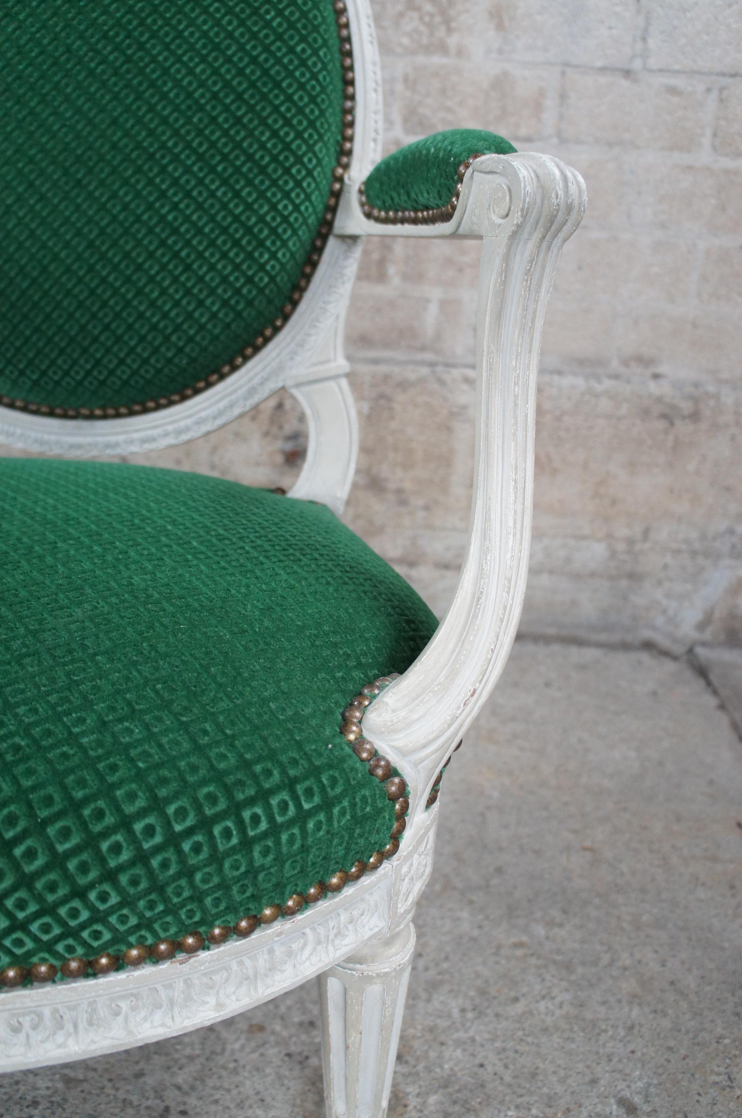 2 Vintage George III French Hepplewhite Style Balloon Back Open Arm Chairs Green For Sale 5