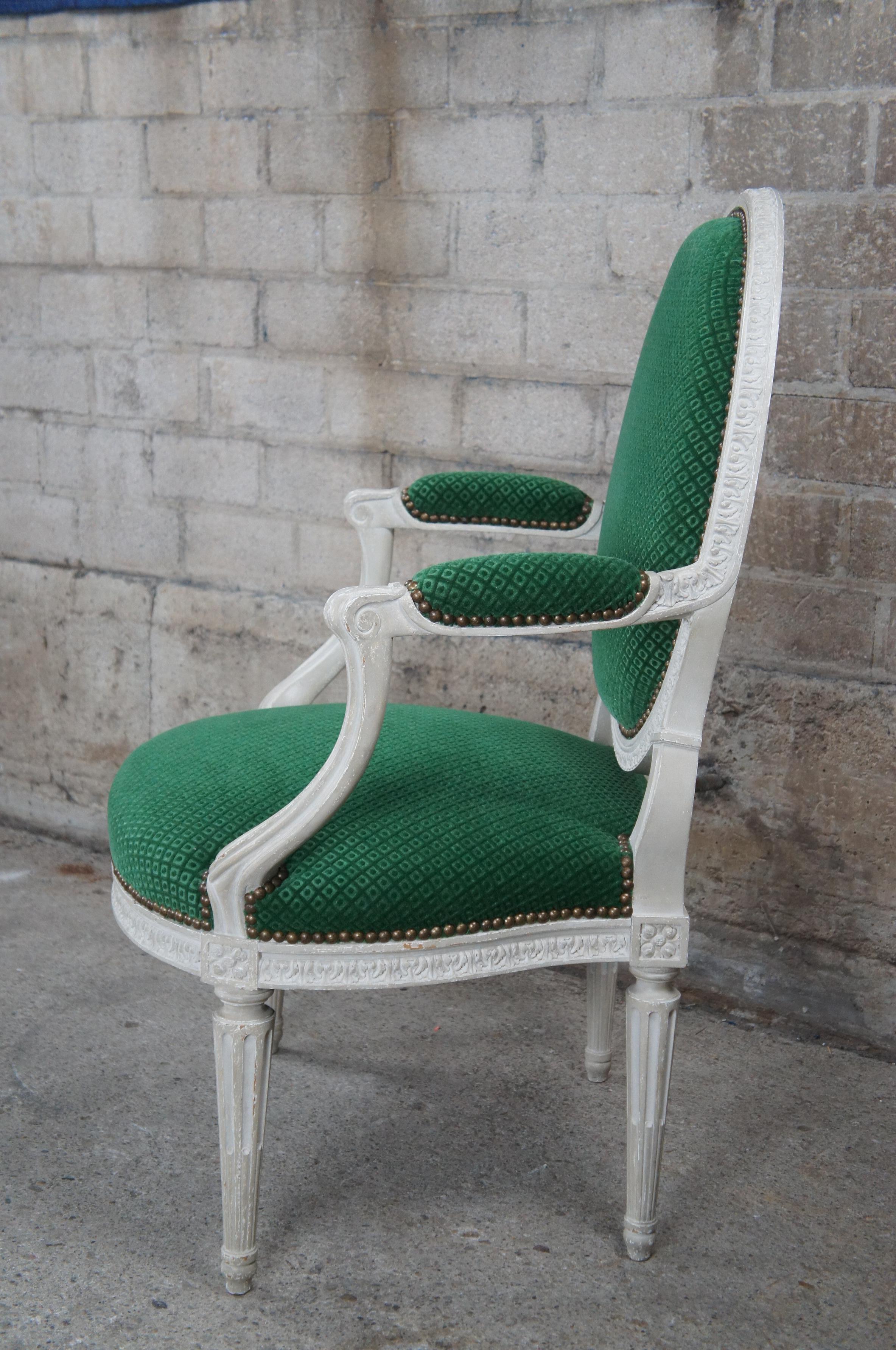 Mid-20th Century 2 Vintage George III French Hepplewhite Style Balloon Back Open Arm Chairs Green For Sale