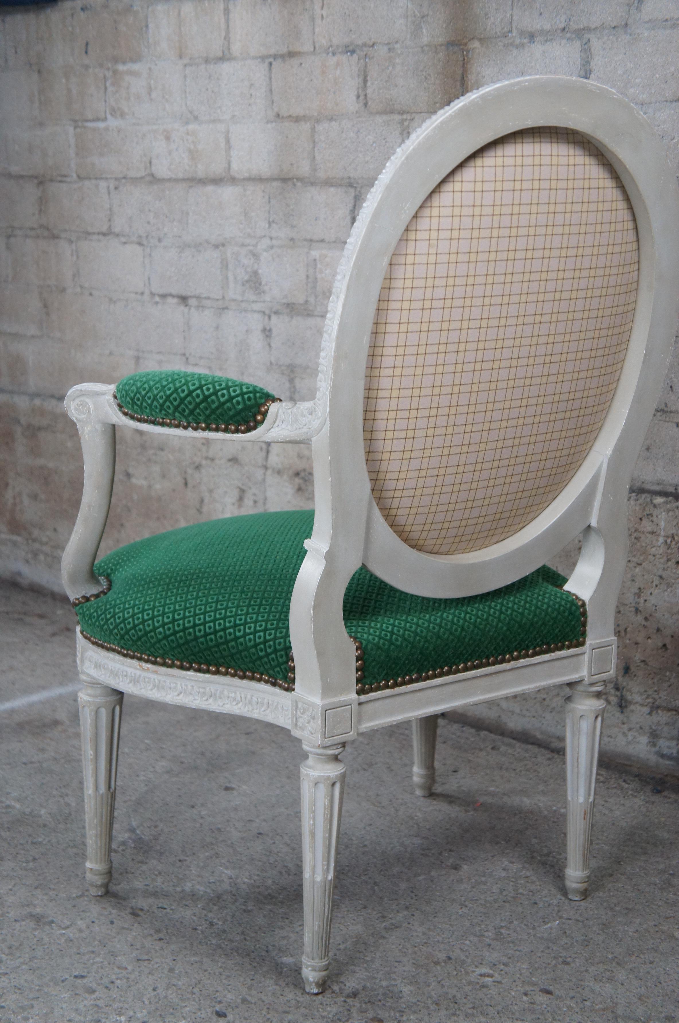 Upholstery 2 Vintage George III French Hepplewhite Style Balloon Back Open Arm Chairs Green For Sale
