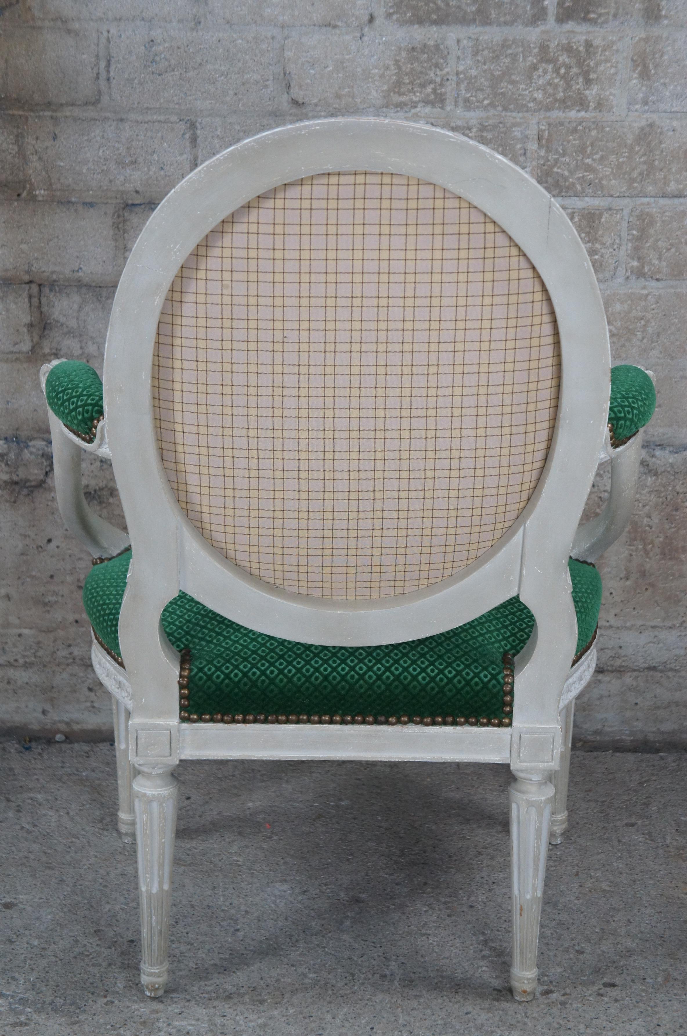 2 Vintage George III French Hepplewhite Style Balloon Back Open Arm Chairs Green For Sale 1