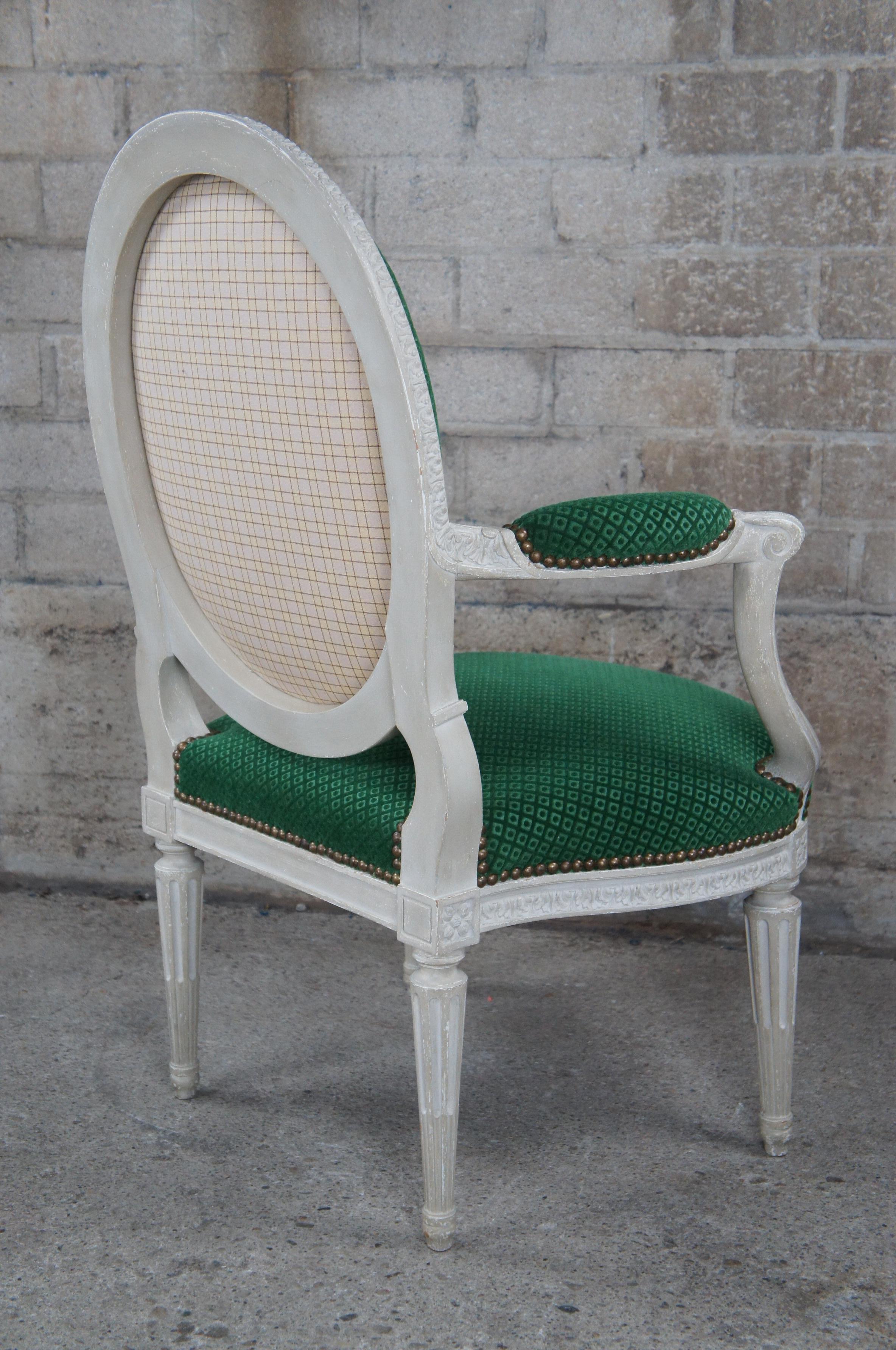 2 Vintage George III French Hepplewhite Style Balloon Back Open Arm Chairs Green For Sale 2