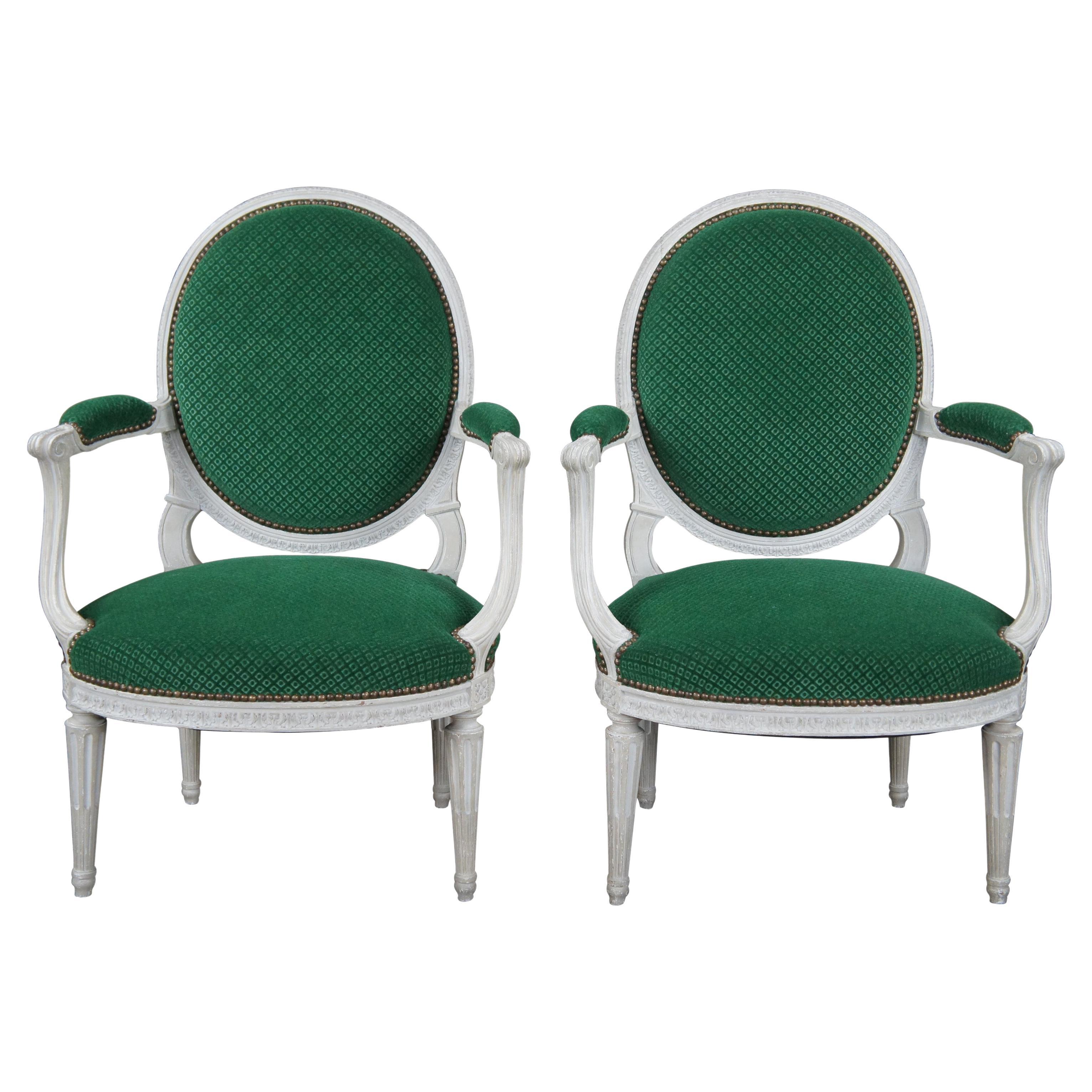 2 Vintage George III French Hepplewhite Style Balloon Back Open Arm Chairs Green For Sale