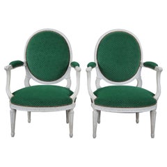 2 Antique George III French Hepplewhite Style Balloon Back Open Arm Chairs Green