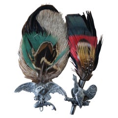 2 Vintage German Jes Geschutzt Hunting Hat Pins Eagle Pheasant Grouse Feather