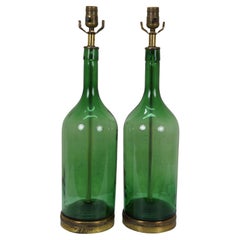 2 Vintage Green Glass Magnum Wine Bottle Table Lamps Pair 24"