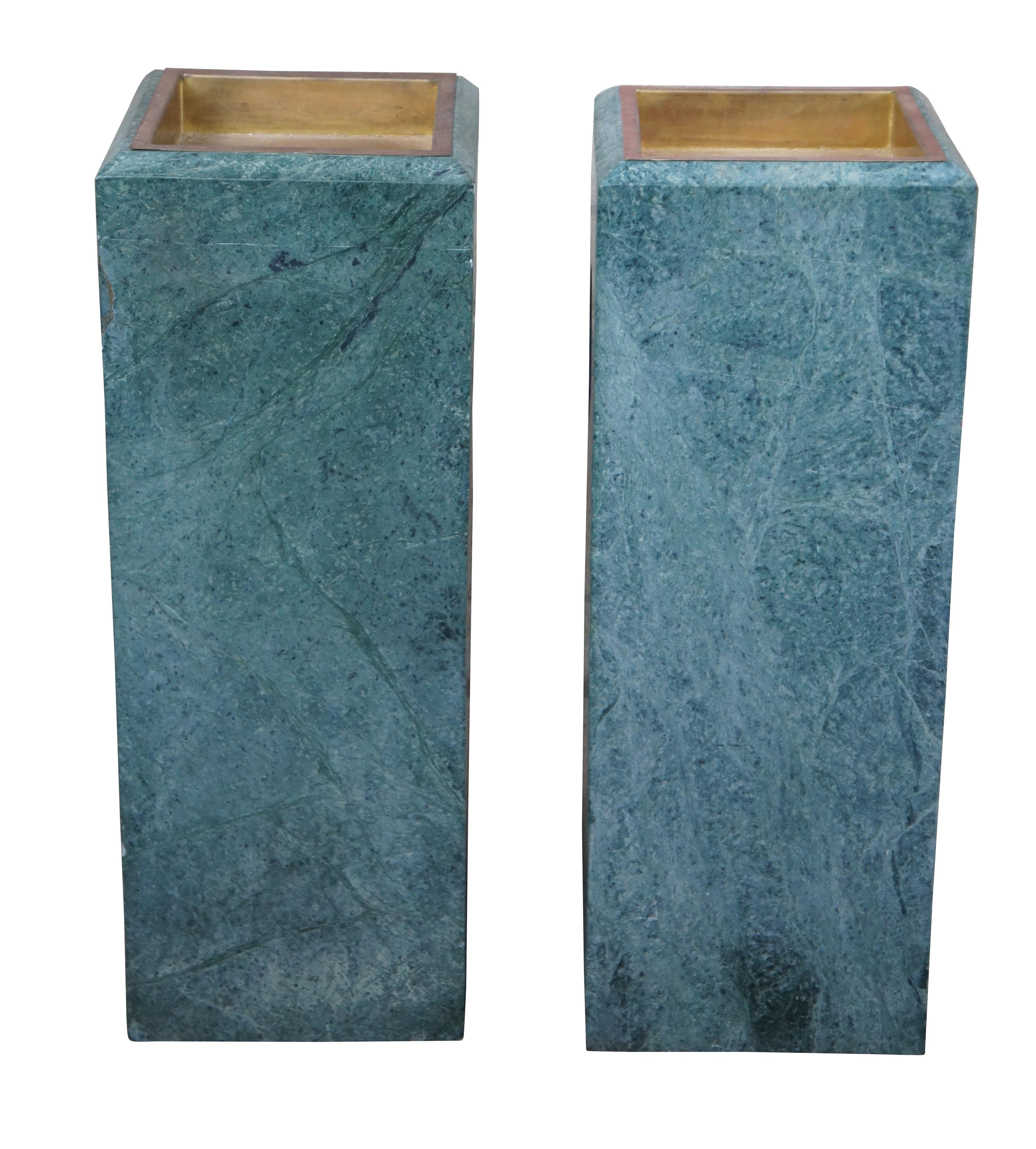 Art déco 2 Cendriers poubelles de hall d'hôtel en marbre vert doublé de cuivre vintage 30