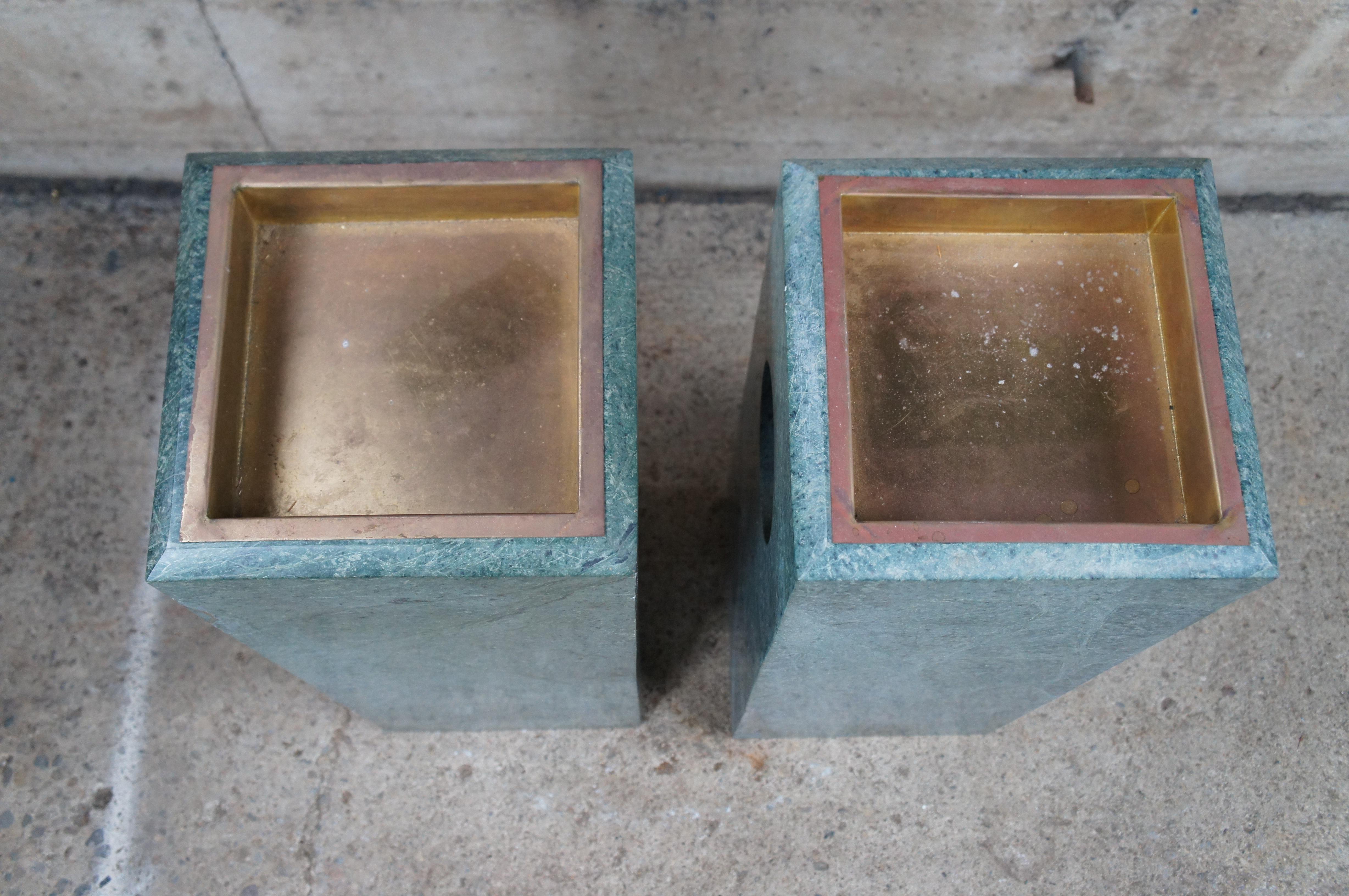 2 Cendriers poubelles de hall d'hôtel en marbre vert doublé de cuivre vintage 30