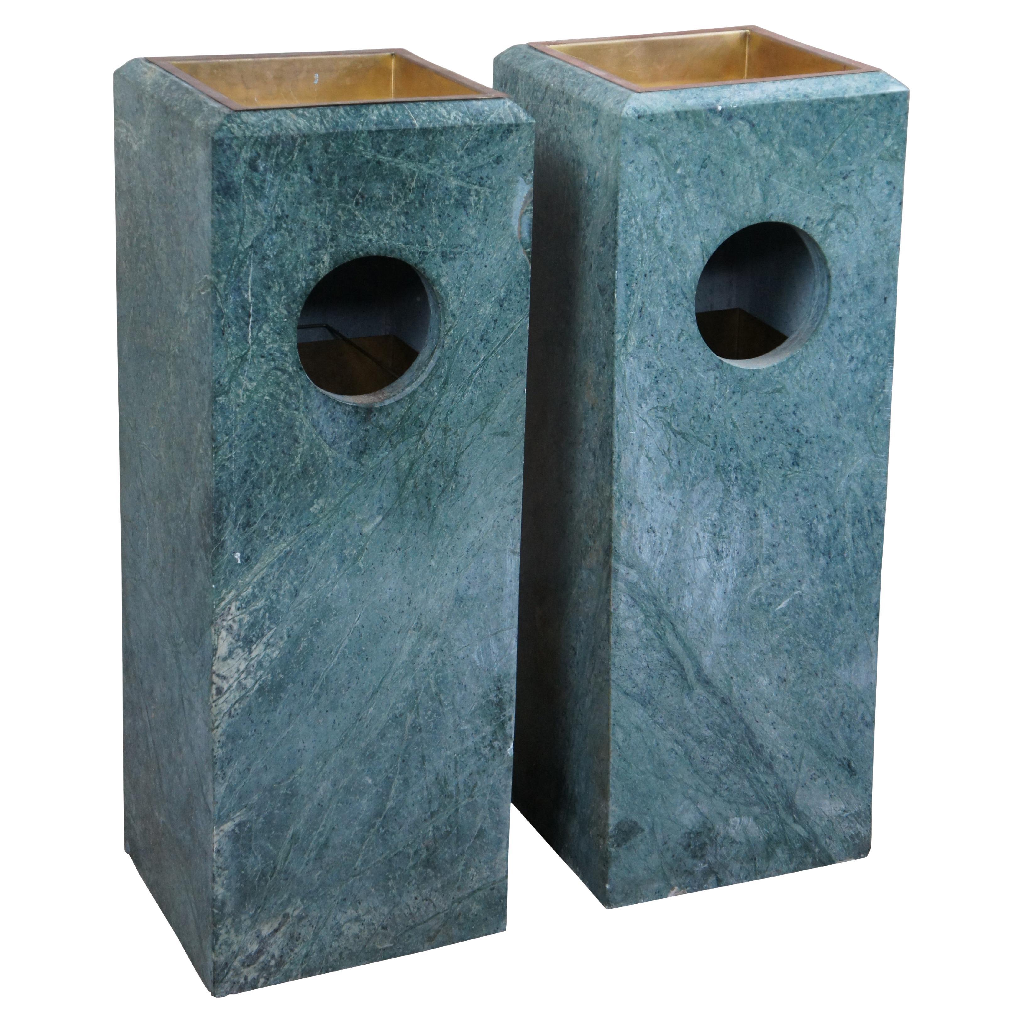 2 Vintage Green Marble Copper Lined Hotel Lobby Trash Can Ashtray Stands 30"