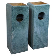 2 Vintage Green Marble Copper Lined Hotel Lobby Trash Can Ashtray Stands 30"